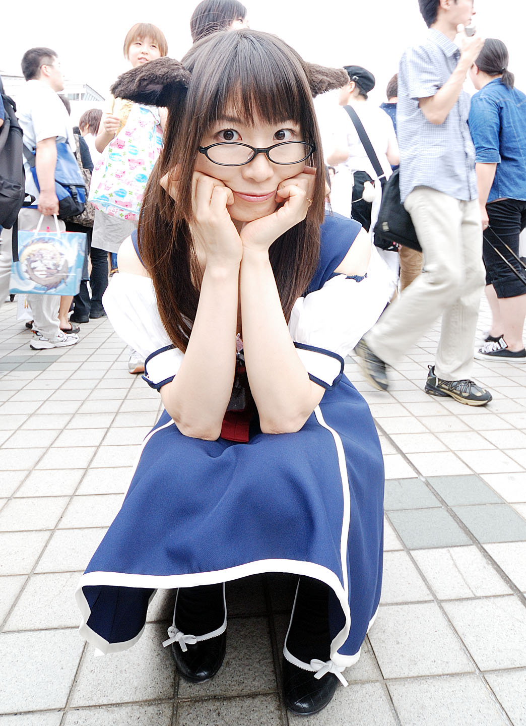 maico (model), acasius boarding school, highres, photo (medium), animal ears, asian, brown eyes, brown hair, cosplay, dog ears, dutch angle, fake animal ears, glasses, long hair, looking at viewer, mole, multiple boys, multiple girls, outdoors, school uniform, solo focus, squatting, standing