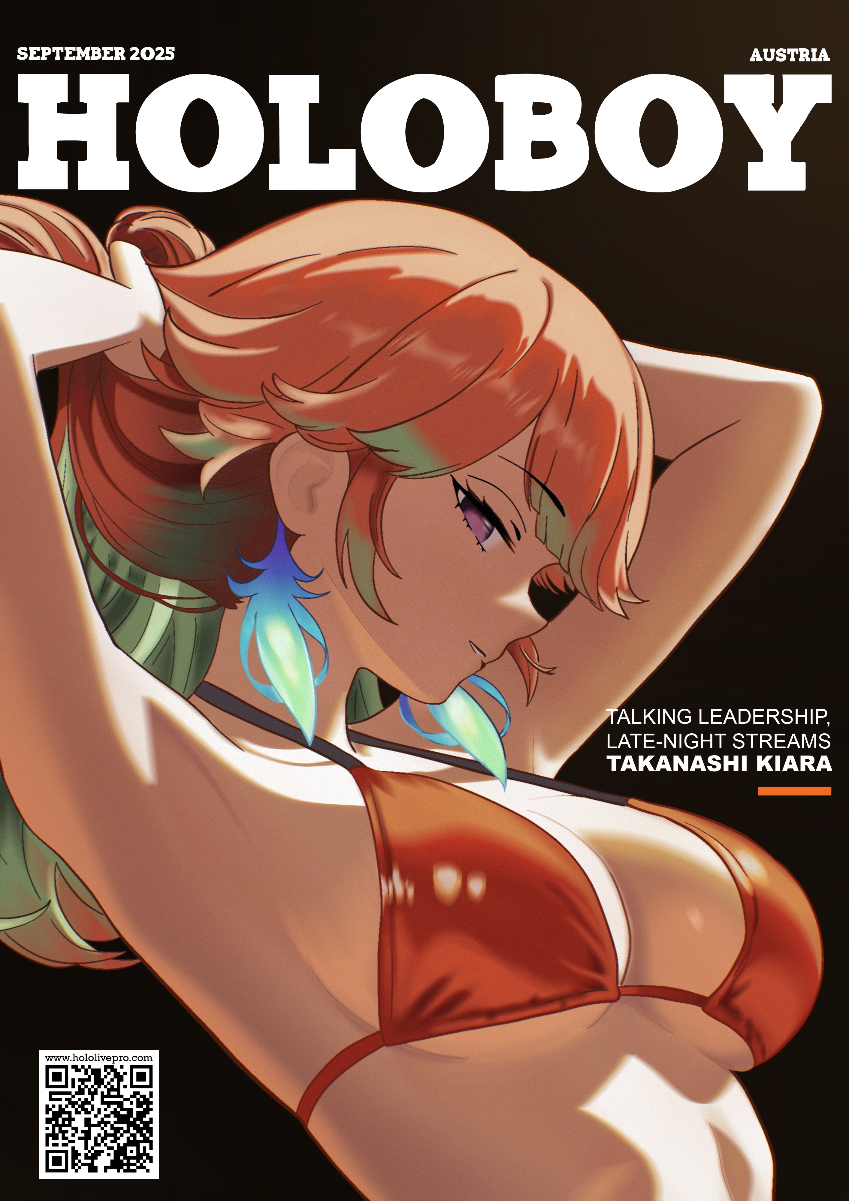 takokatsu, takanashi kiara, hololive, hololive english, playboy, absurdres, highres, 1girl, armpits, arms up, bikini, black background, breasts, character name, cover, earrings, english text, fake magazine cover, feather earrings, feathers, gradient hair, jewelry, large breasts, long hair, looking at viewer, magazine cover, multicolored hair, orange hair, purple eyes, qr code, simple background, solo, swimsuit, tying hair, virtual youtuber