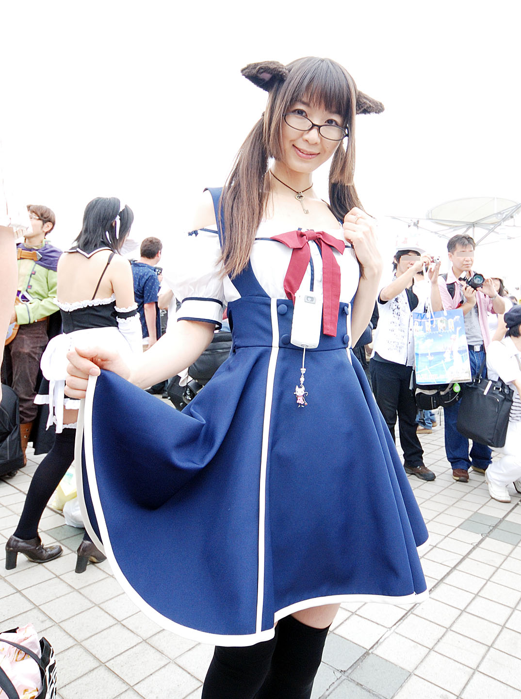 maico (model), acasius boarding school, black legwear, highres, photo (medium), animal ears, asian, brown eyes, brown hair, cosplay, dog ears, fake animal ears, glasses, long hair, looking at viewer, mole, multiple boys, multiple girls, outdoors, school uniform, solo focus, standing, thighhighs