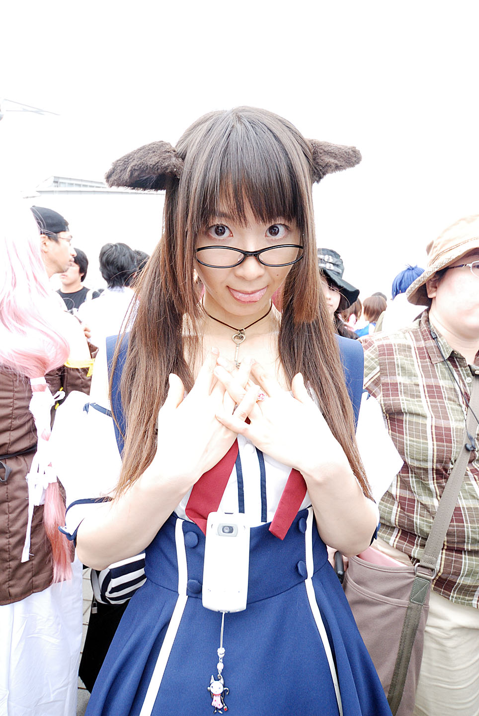 maico (model), acasius boarding school, highres, photo (medium), :p, animal ears, asian, brown eyes, brown hair, cosplay, dog ears, fake animal ears, glasses, long hair, looking at viewer, mole, multiple boys, multiple girls, outdoors, school uniform, solo focus, standing, tongue, tongue out