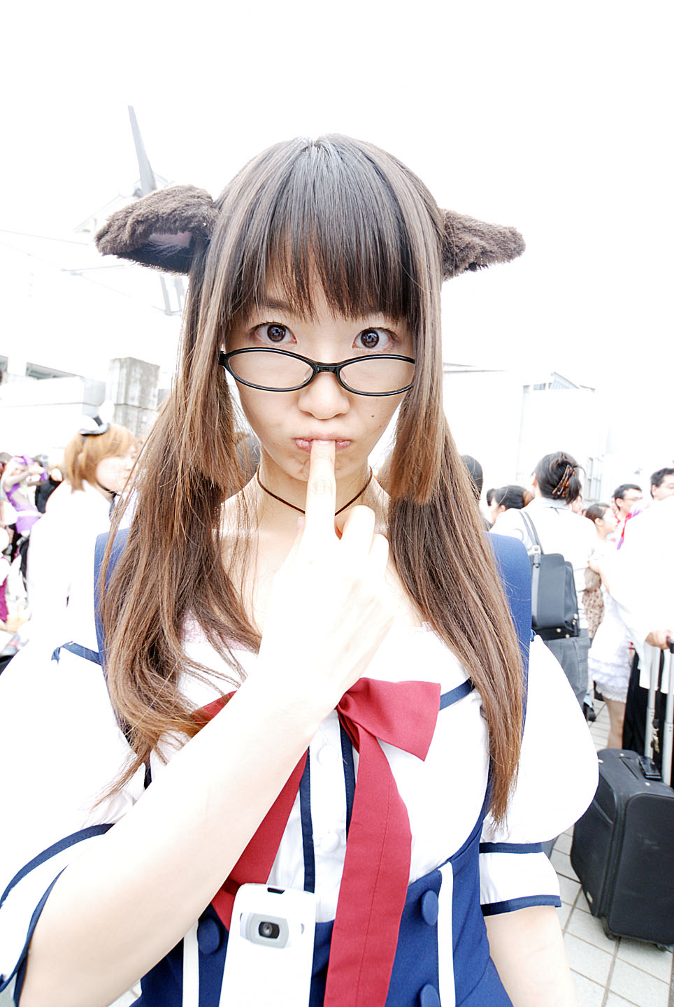 maico (model), acasius boarding school, highres, photo (medium), animal ears, asian, brown eyes, brown hair, cosplay, dog ears, fake animal ears, glasses, long hair, looking at viewer, mole, multiple boys, multiple girls, outdoors, school uniform, solo focus, standing