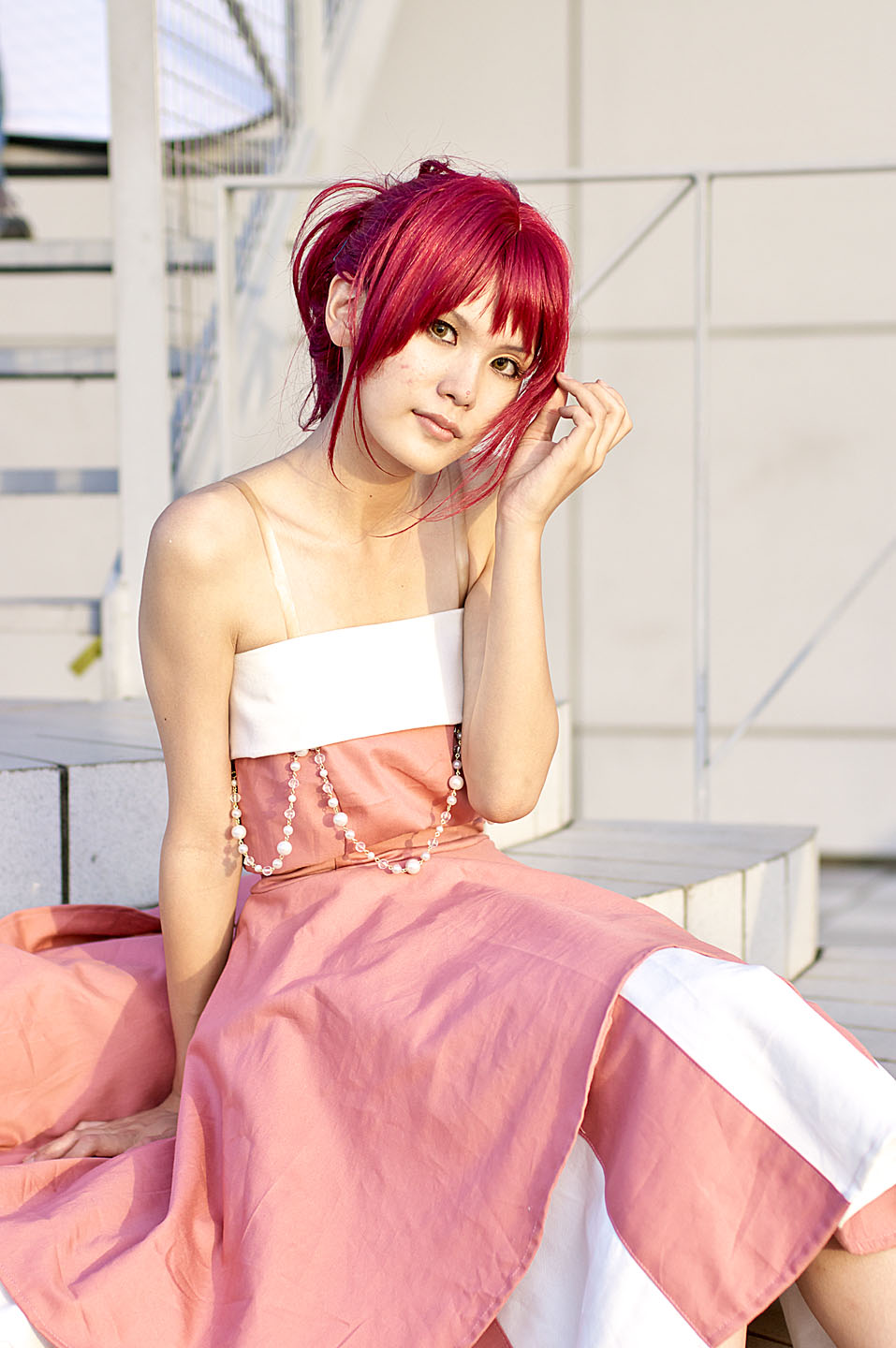 hino kahoko, kiniro no corda, highres, photo (medium), cosplay, evening gown, kouzuki suzuka, red hair