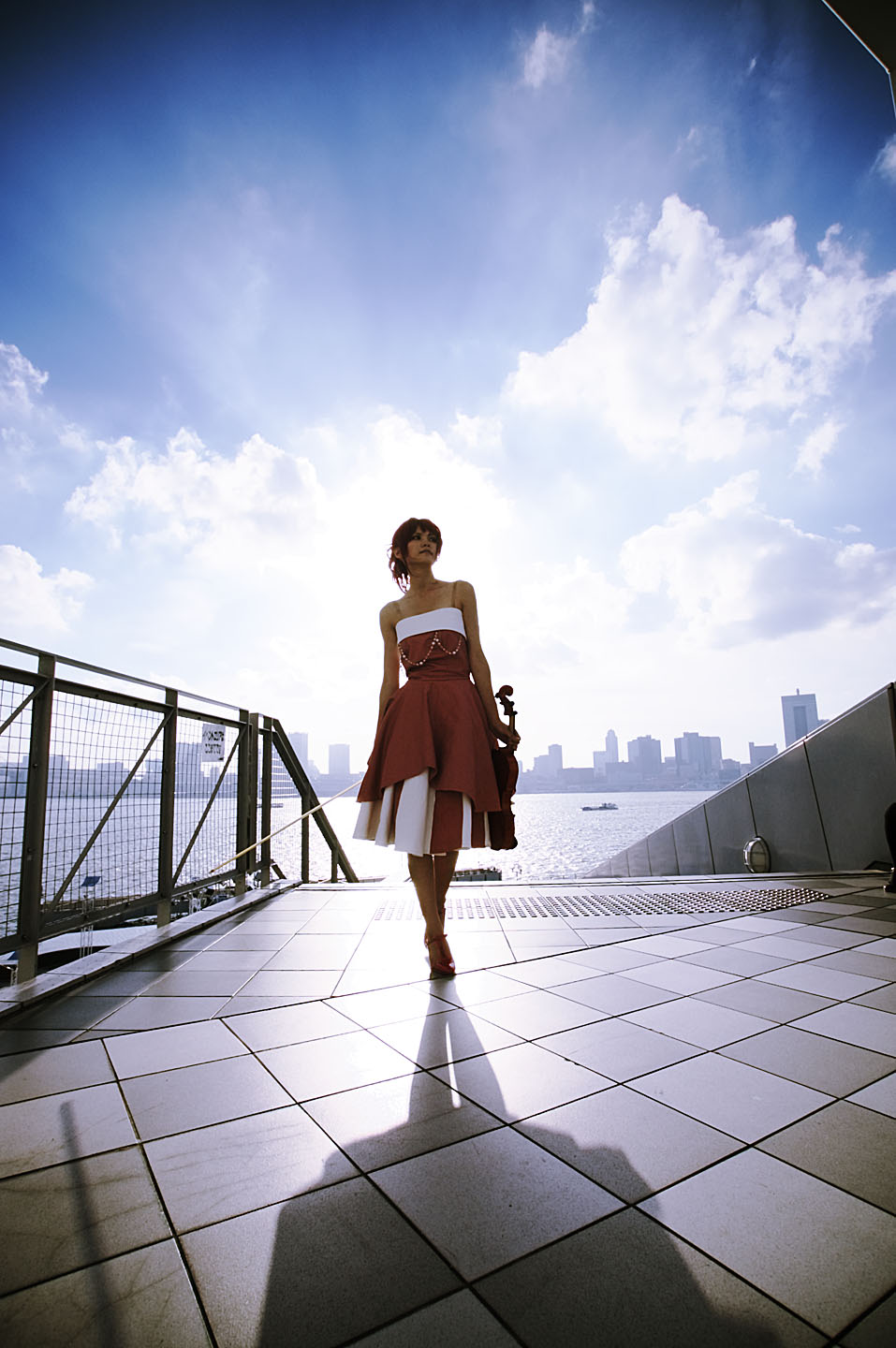 hino kahoko, kiniro no corda, highres, photo (medium), cosplay, evening gown, instrument, kouzuki suzuka, red hair, violin
