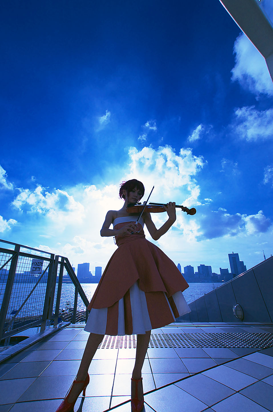 hino kahoko, kiniro no corda, highres, photo (medium), cosplay, evening gown, instrument, kouzuki suzuka, red hair, violin