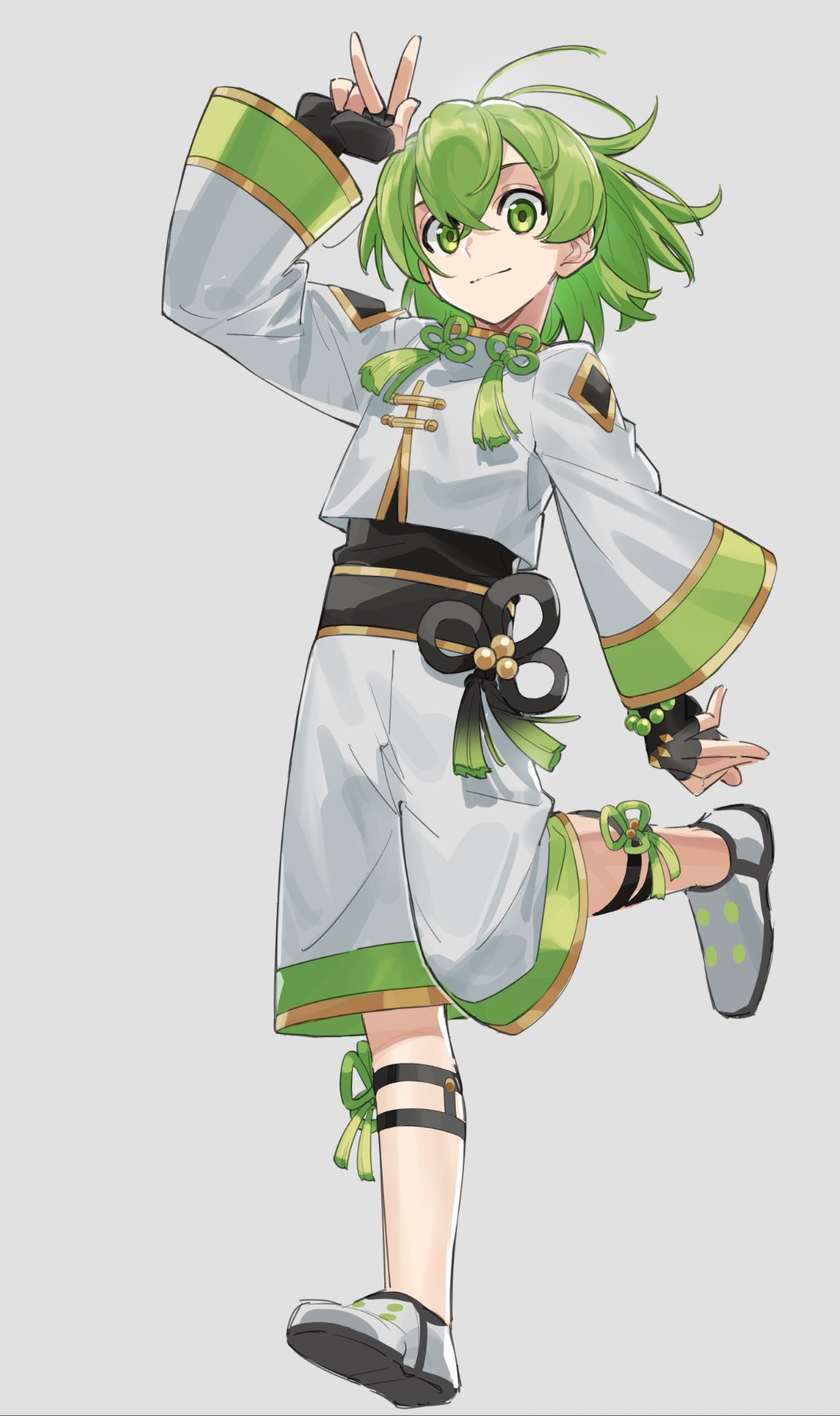 akagiasami, original, highres, 1other, arm at side, arm up, black gloves, black sash, chinese knot, closed mouth, crossed bangs, double-parted bangs, fingerless gloves, full body, gloves, gold trim, green eyes, green hair, green trim, grey background, grey shirt, grey shorts, hair between eyes, light smile, long sleeves, looking at viewer, medium hair, other focus, sash, shirt, shorts, simple background, standing, standing on one leg, tassel, v, wide sleeves