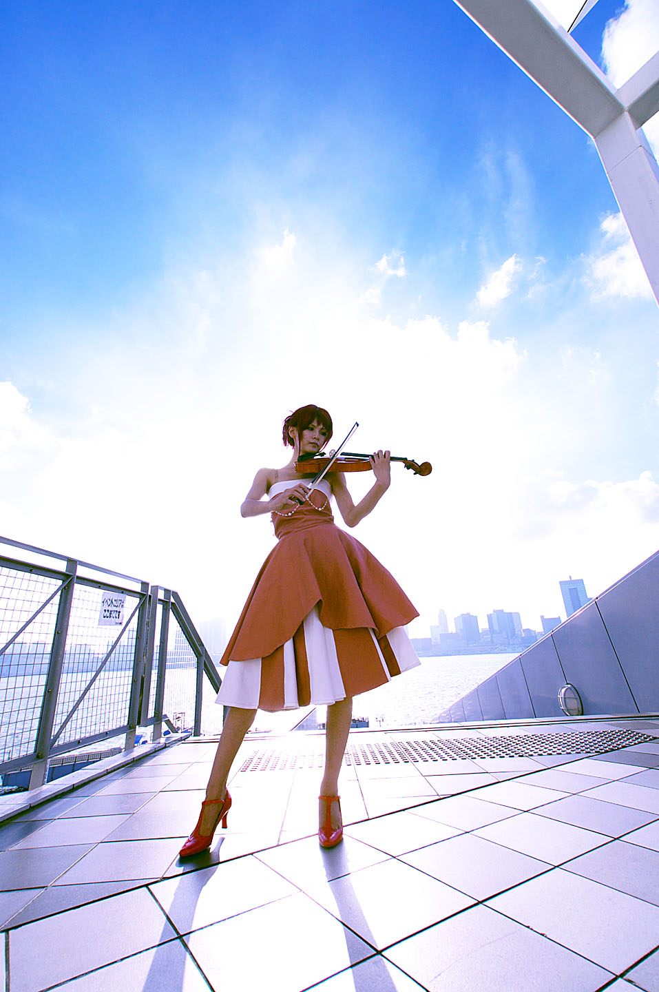 hino kahoko, kiniro no corda, highres, photo (medium), cosplay, evening gown, instrument, kouzuki suzuka, red hair, violin