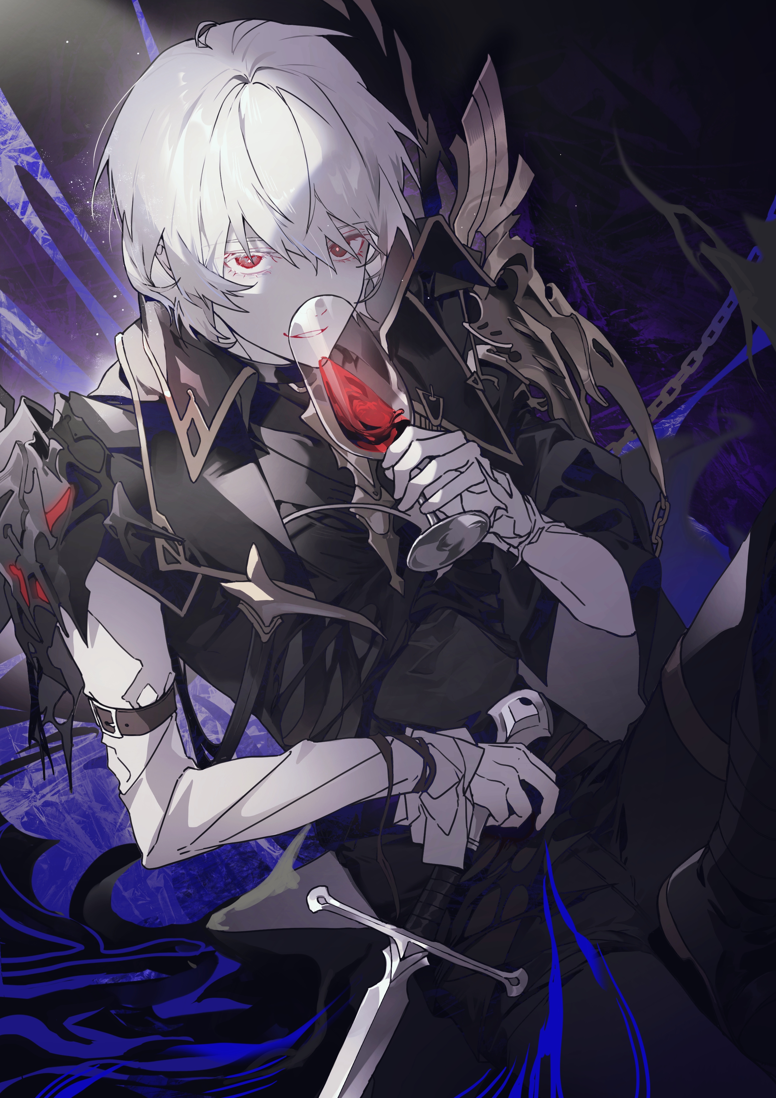 cino (cappuccino), silver and blood, absurdres, highres, 1boy, black cape, black pants, black vest, blood, cape, colored eyelashes, colored skin, cowboy shot, cup, drink, drinking, drinking glass, frilled sleeves, frills, hair between eyes, happy, holding, holding drink, long sleeves, looking at viewer, loose hair strand, male focus, noah nevernight, pants, parted lips, red eyes, shirt, short hair, sitting, sleeves past wrists, smile, solo, teeth, vampire, vest, white hair, white shirt, white skin, wine glass
