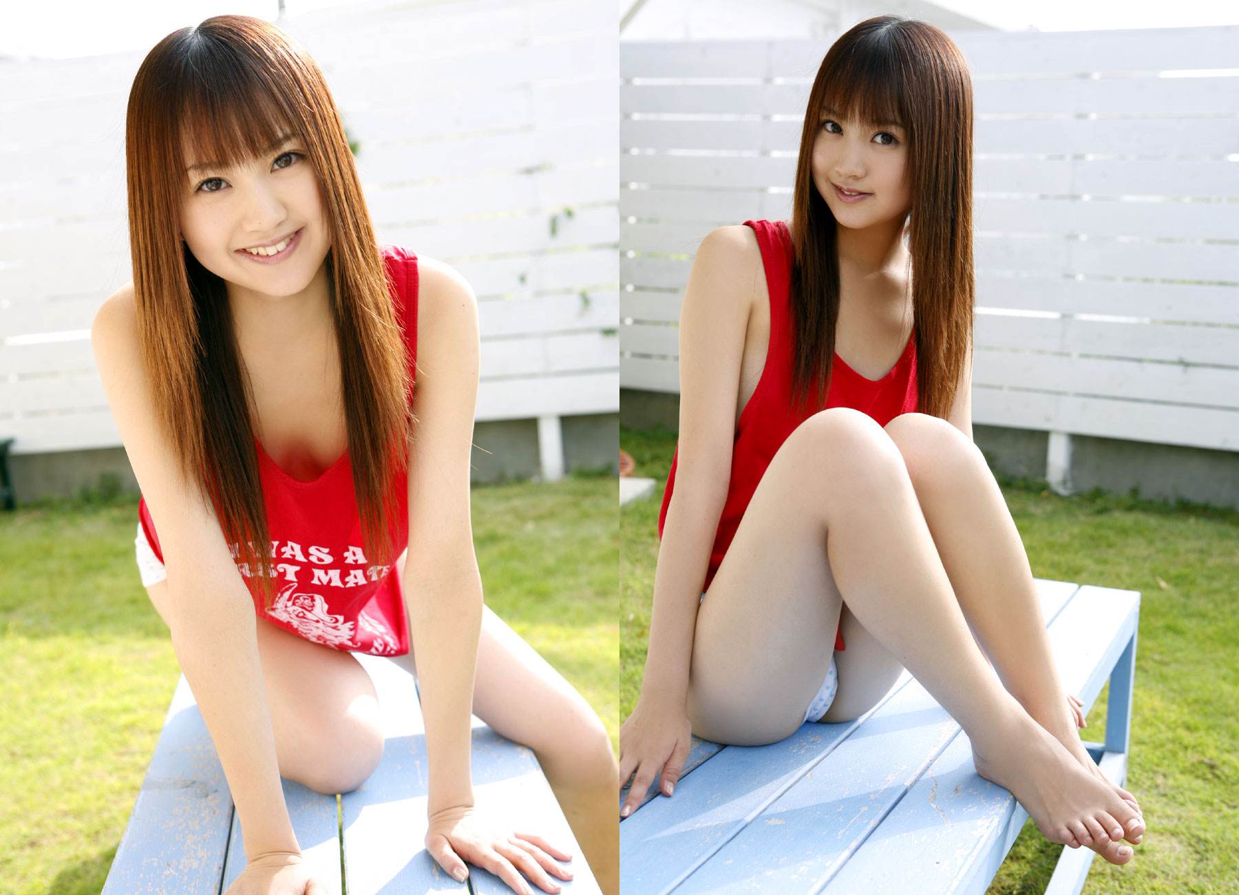 hamada shoko, highres, photo (medium), 1girl, asian, barefoot, bench, breasts, brown hair, cleavage, downblouse, feet, female focus, long hair, looking at viewer, no bra, outdoors, shorts, sitting, small breasts, smile, solo, tank top, toes
