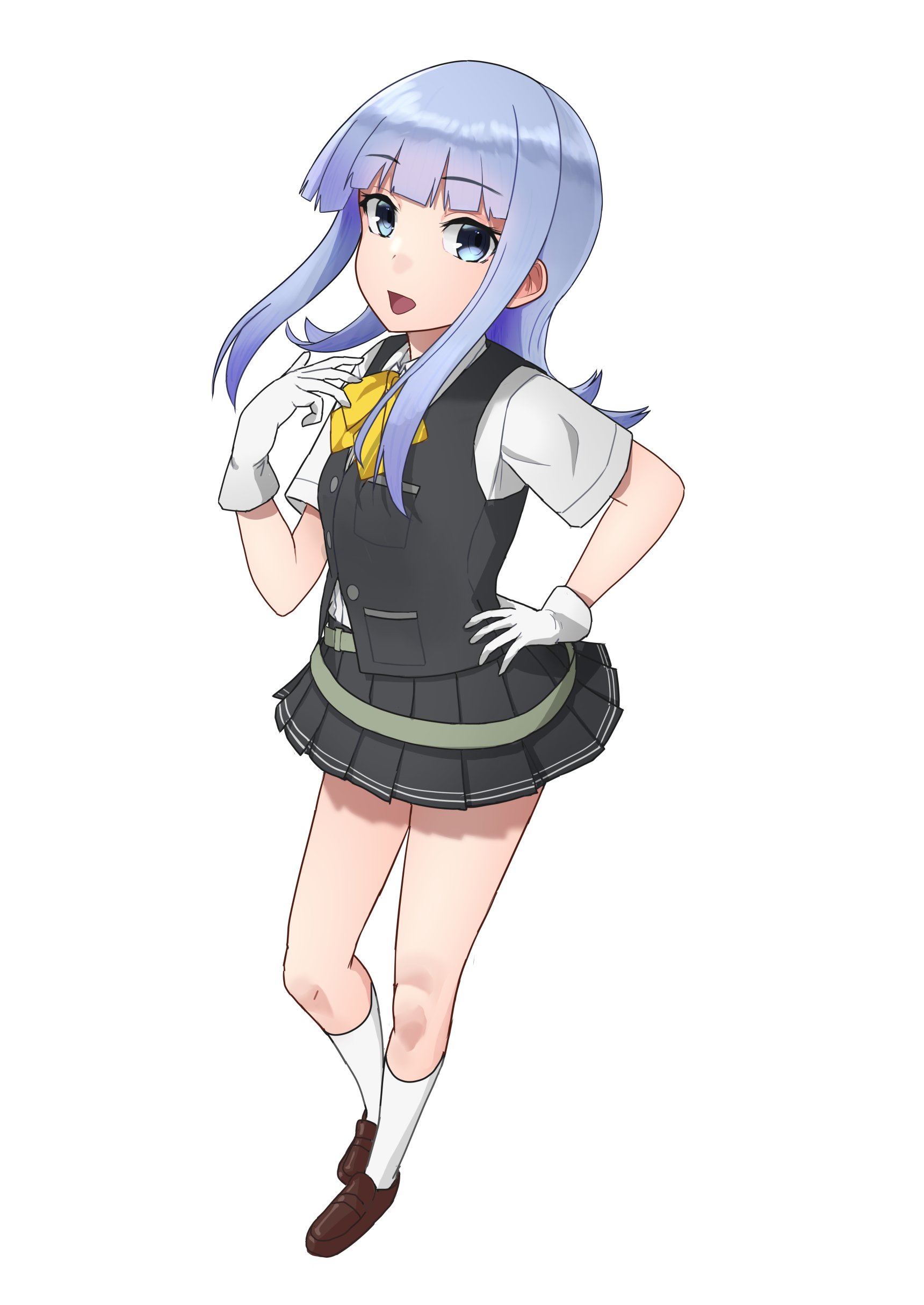 yuushou, hatsukaze (kancolle), kantai collection, absurdres, highres, 1girl, black vest, blue eyes, blue hair, blunt bangs, blush, bow, brown shoes, full body, gloves, grey vest, long hair, looking at viewer, neckerchief, open mouth, school uniform, shirt, shoes, skirt, smile, socks, solo, vest, white background, white gloves, white shirt, white socks, yellow bow, yellow neckerchief