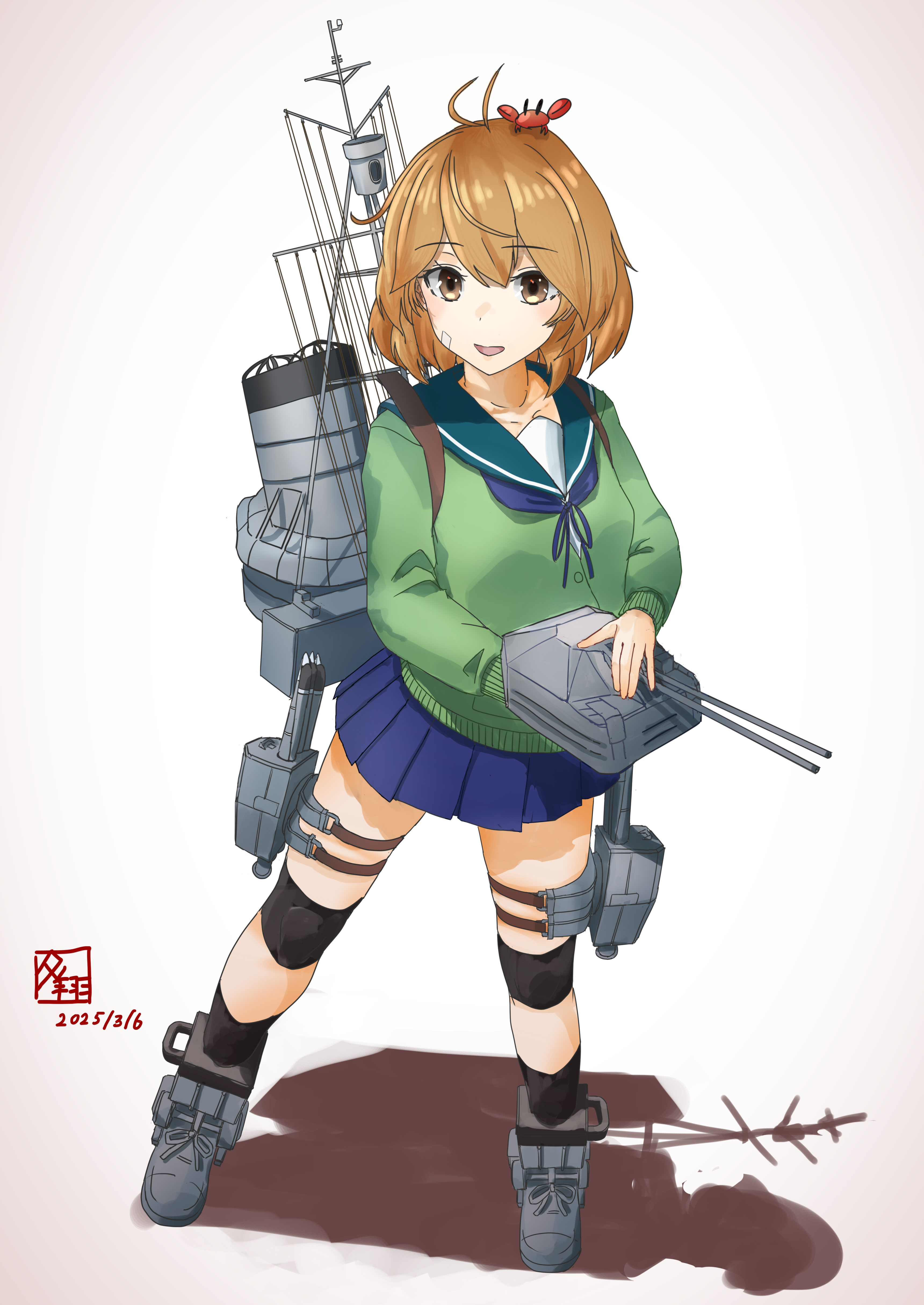 yuushou, oboro (kancolle), kantai collection, absurdres, commentary request, highres, 1girl, adapted turret, artist logo, bandaid, bandaid on face, black socks, blue sailor collar, blue skirt, brown eyes, brown hair, dated, full body, gradient background, green sweater, grey background, knee pads, logo, machinery, pleated skirt, sailor collar, shadow, short hair, simple background, skirt, smokestack, socks, solo, standing, sweater, torpedo launcher, white background