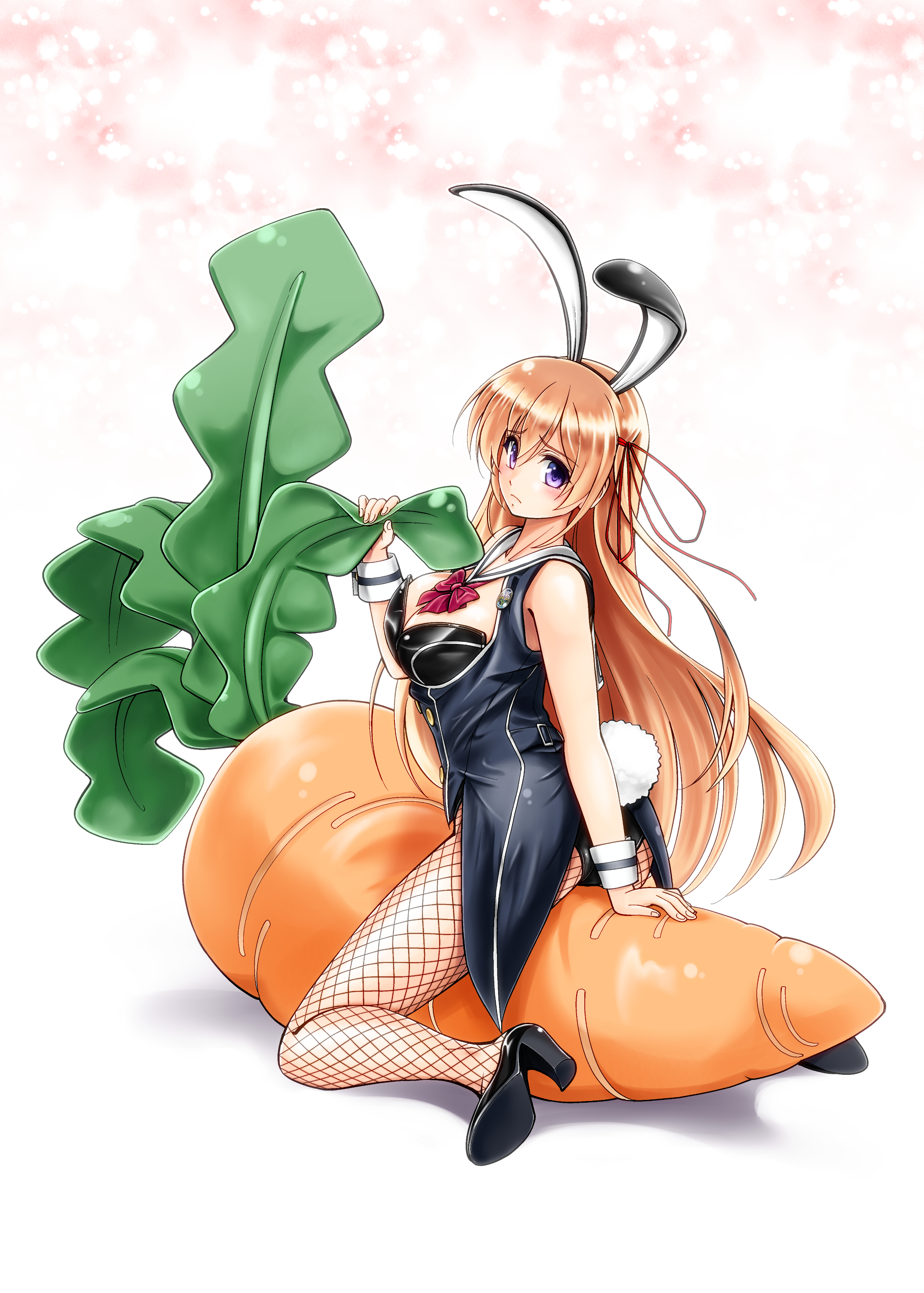 eibon, kurusu nono, chaos;child, science adventure, absurdres, highres, 1girl, animal ears, bare shoulders, black leotard, blush, bow, breasts, cleavage, detached collar, fake animal ears, fishnets, full body, hair ribbon, hekiho academy school uniform, high heels, large breasts, leotard, long hair, looking at viewer, orange hair, playboy bunny, rabbit ears, rabbit tail, ribbon, school uniform, sitting, solo, strapless, strapless leotard, tail, wrist cuffs