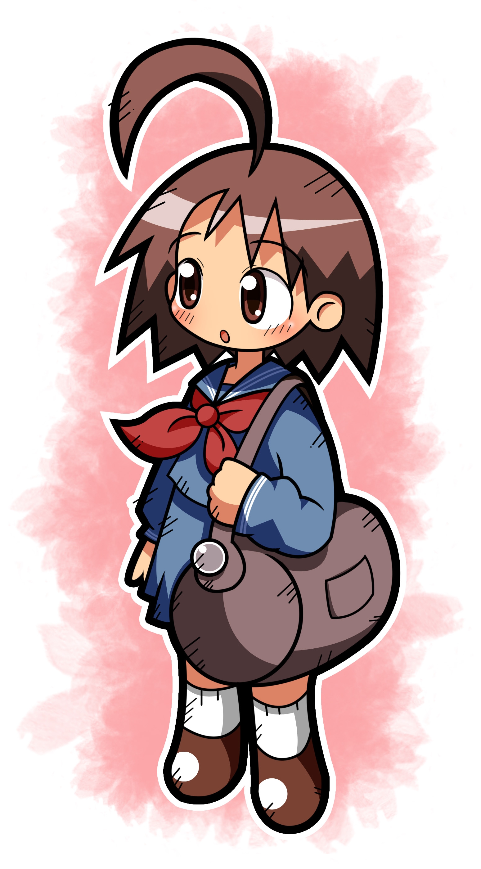 amazake (manuke no oukoku), original, absurdres, highres, 1girl, :o, ahoge, anime coloring, ankle socks, bag, barrel bag, blouse, blue shirt, blue skirt, blue sleeve cuffs, blue sleeves, blush, bob cut, brown bag, brown eyes, brown hair, brown shoes, charm (object), deformed, full body, holding, holding bag, horizontal-striped clothes, horizontal-striped sleeve cuffs, huge ahoge, legs apart, long sleeves, medium hair, miniskirt, neckerchief, open mouth, outline, parted lips, pink background, pleated skirt, red neckerchief, sailor collar, school bag, school uniform, serafuku, shirt, shoes, skirt, sleeve cuffs, socks, solo, standing, striped clothes, striped sleeve cuffs, thick outlines, two-tone background, white background, white outline, wispy bangs