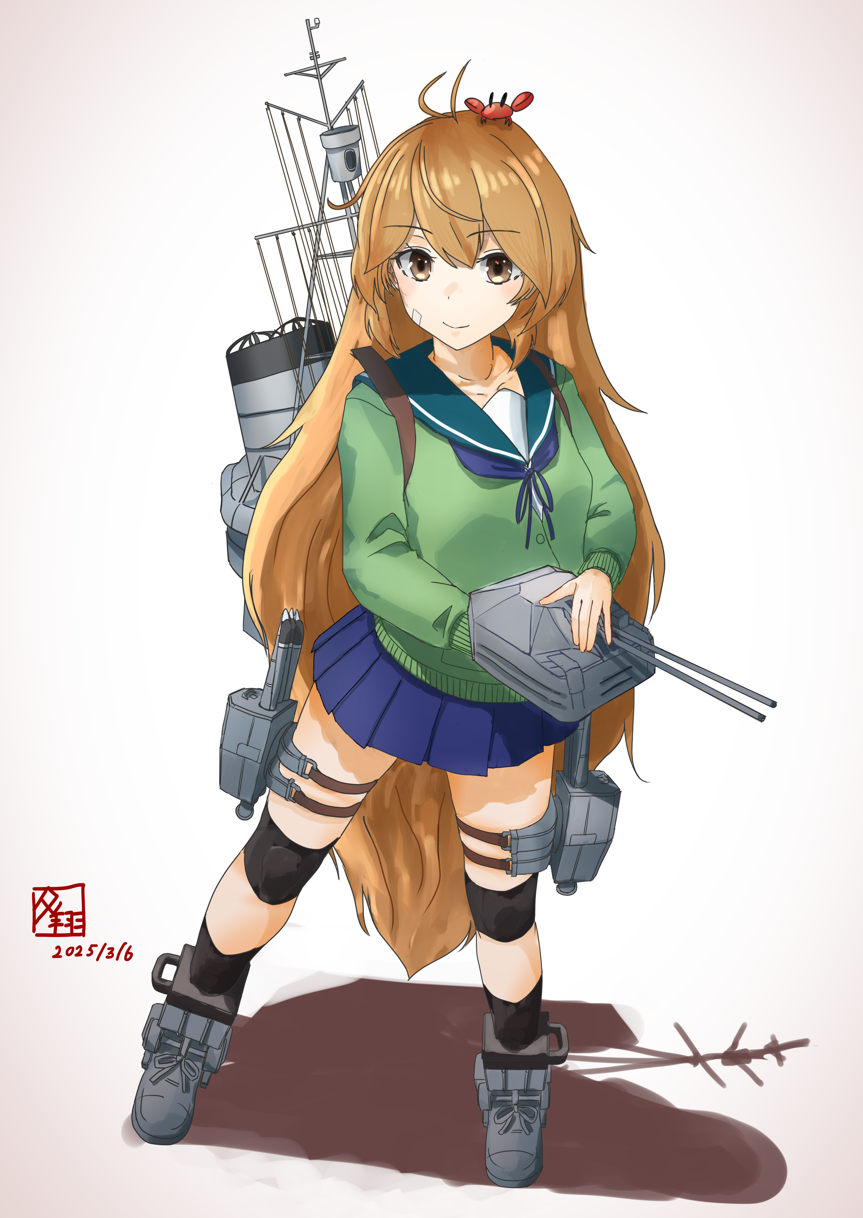 yuushou, oboro (kancolle), kantai collection, absurdres, commentary, highres, 1girl, adapted turret, alternate hair length, alternate hairstyle, artist logo, bandaid, bandaid on face, black socks, blue sailor collar, blue skirt, brown eyes, brown hair, closed mouth, dated, full body, gradient background, green sweater, grey background, knee pads, logo, long hair, machinery, pleated skirt, sailor collar, shadow, simple background, skirt, smokestack, socks, solo, standing, sweater, torpedo launcher, white background