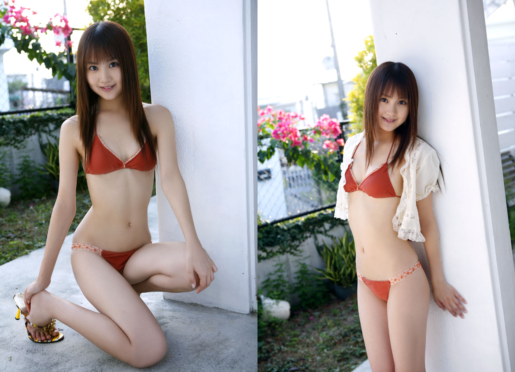 hamada shoko, highres, photo (medium), tagme, 1girl, asian, bikini, breasts, brown hair, female focus, high heels, indoors, long hair, looking at viewer, on one knee, open clothes, open shirt, shirt, shoes, small breasts, smile, solo, swimsuit