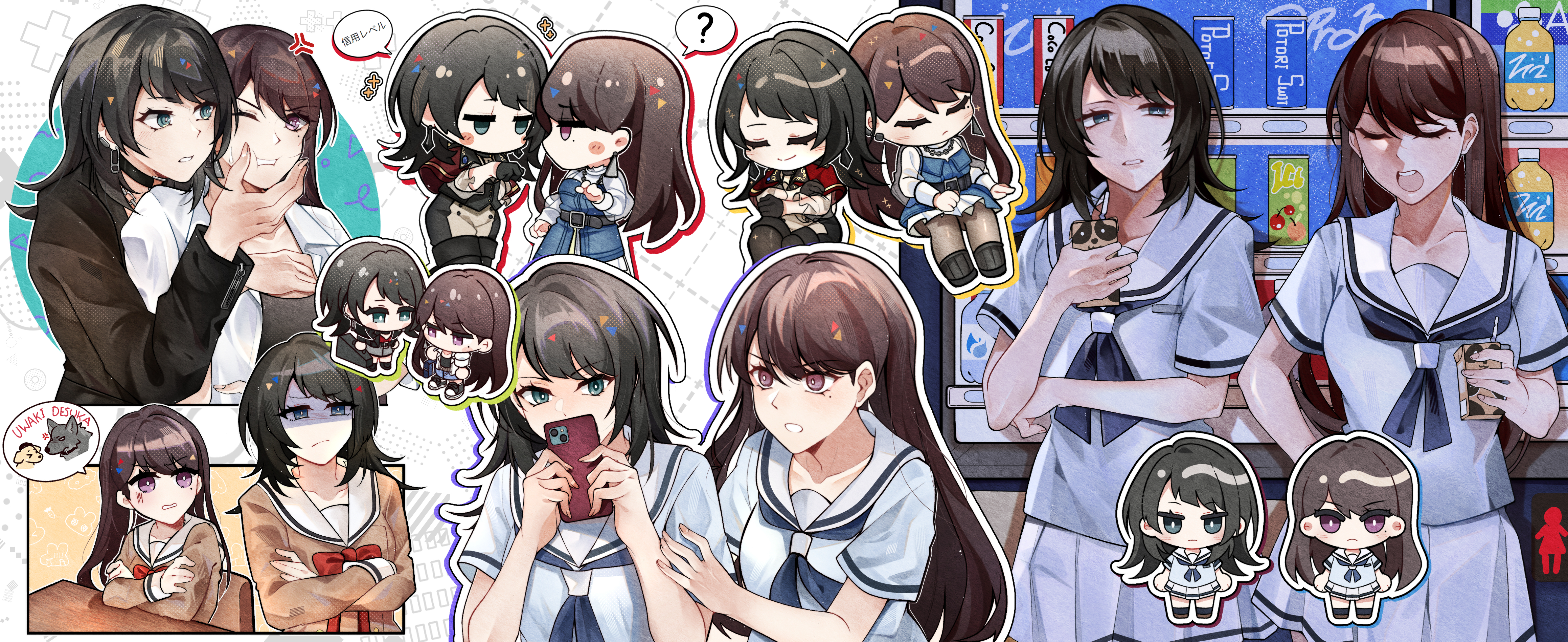 cheschorv, misumi uika, shiina taki, timoris (bang dream!), yahata umiri, bang dream!, bang dream! it's mygo!!!!!, absurdres, commentary, highres, 2girls, anger vein, black boots, black choker, black gloves, black hair, black jacket, black shirt, blue eyes, blue neckerchief, blue shirt, blush, boots, bow, bowtie, breasts, brown dress, brown hair, capelet, cellphone, chain, chain necklace, cheek squash, chibi, chibi only, choker, closed eyes, closed mouth, crossed arms, crossed legs, dress, drinking straw, ear piercing, earclip, earrings, gloves, grey pantyhose, grey skirt, hanasakigawa school uniform, hand on own chest, hand on own hip, hand up, holding, holding carton, holding phone, hug, hug from behind, jacket, jewelry, long hair, medium breasts, medium hair, mole, mole under eye, multiple girls, multiple views, neckerchief, necklace, one-eyed, open mouth, pantyhose, phone, piercing, pleated skirt, purple eyes, red bow, red bowtie, red capelet, sailor collar, sailor dress, school uniform, serafuku, shirt, short sleeves, simple background, single earring, sitting, skirt, smartphone, sweatdrop, teeth, thigh boots, upper teeth only, vending machine, white background, white jacket, white sailor collar, white skirt, yuri