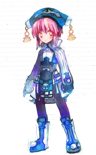 maya (dewprism), dew prism, dewprism, 1girl, bandaid, boots, female focus, gloves, hat, knee boots, pantyhose, pink hair, red eyes, short hair, smile, solo