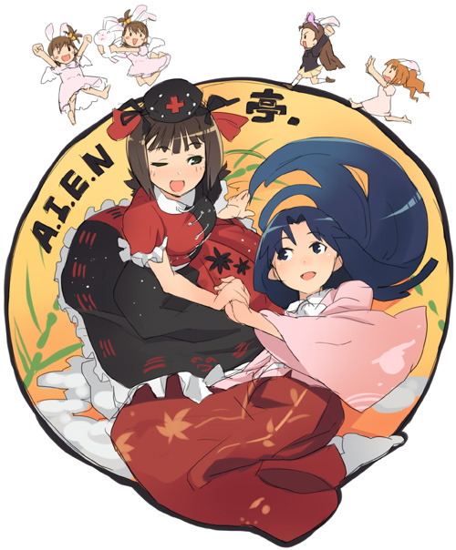 shue, amami haruka, futami ami, futami mami, houraisan kaguya, inaba tewi, kisaragi chihaya, minase iori, reisen udongein inaba, takatsuki yayoi, yagokoro eirin, idolmaster, idolmaster (classic), idolmaster 1, touhou, 6+girls, animal ears, chibi, cosplay, female focus, houraisan kaguya (cosplay), inaba tewi (cosplay), multiple girls, parody, rabbit ears, reisen udongein inaba (cosplay), siblings, sisters, twins, twintails, yagokoro eirin (cosplay)