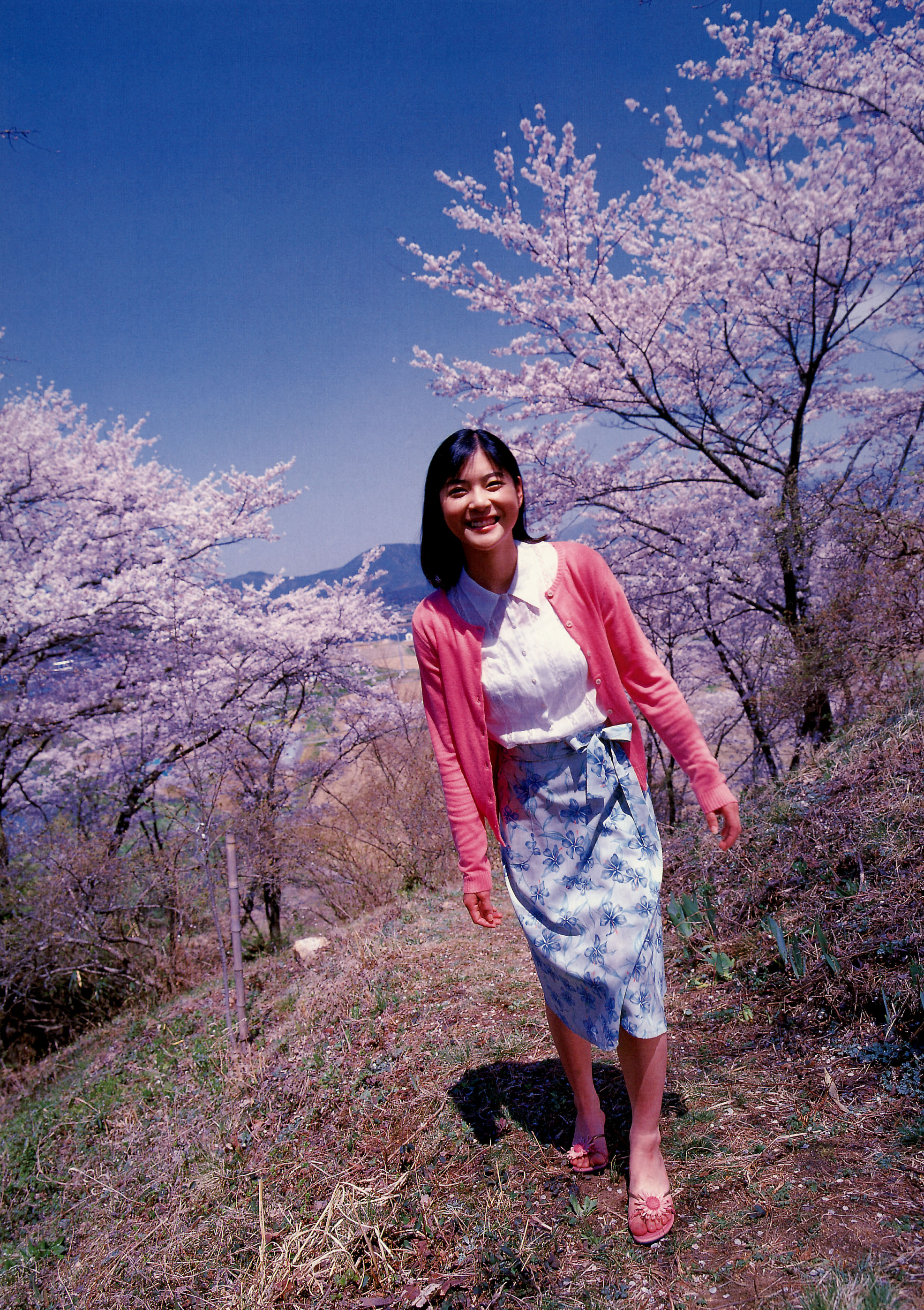 ueno juri, juri first, absurdres, highres, photo (medium), blouse, cardigan, flip-flops, sandals, shirt, skirt