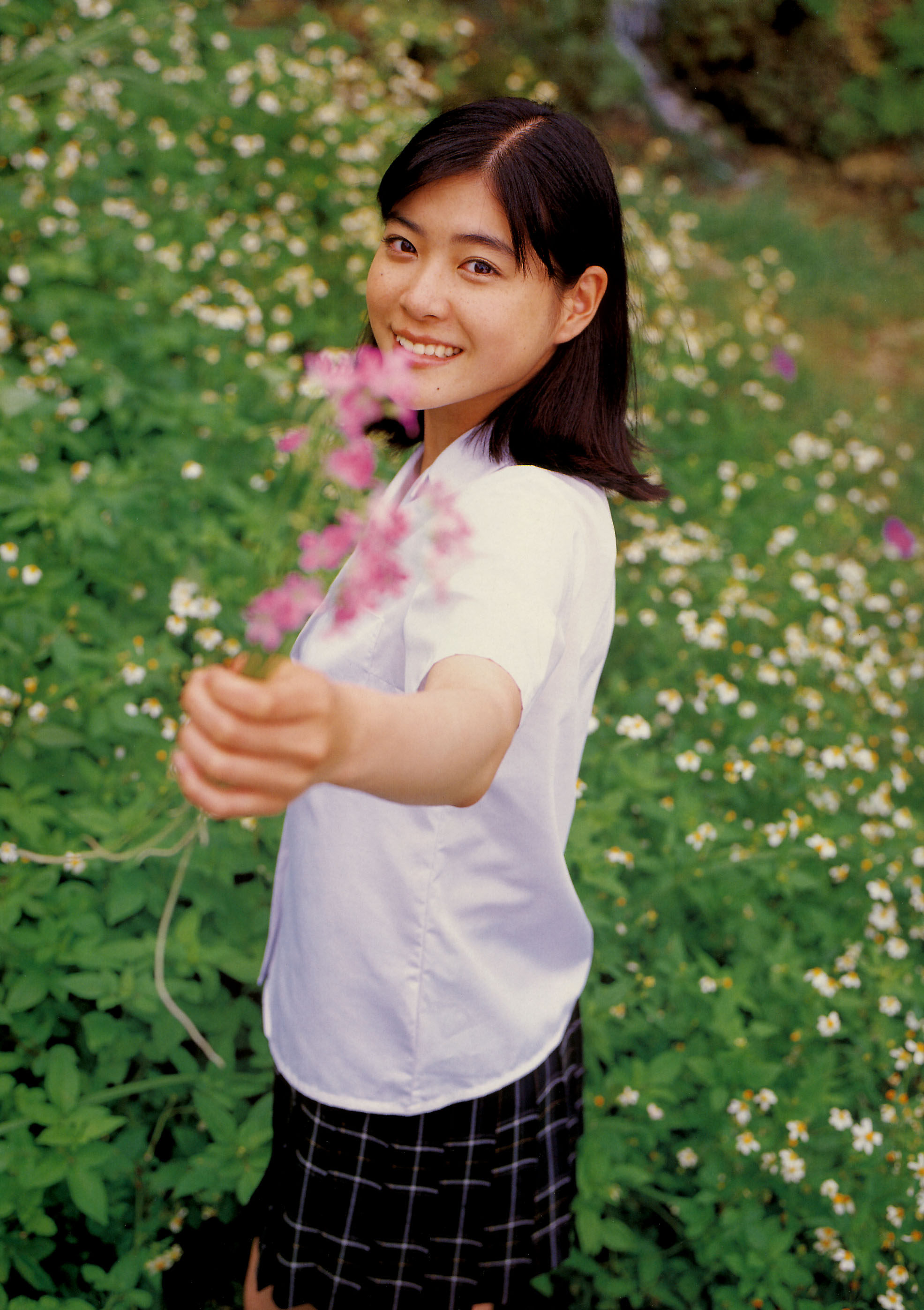 ueno juri, juri first, absurdres, highres, photo (medium), blouse, cosplay, flower, pleated skirt, school uniform, serafuku, shirt, skirt