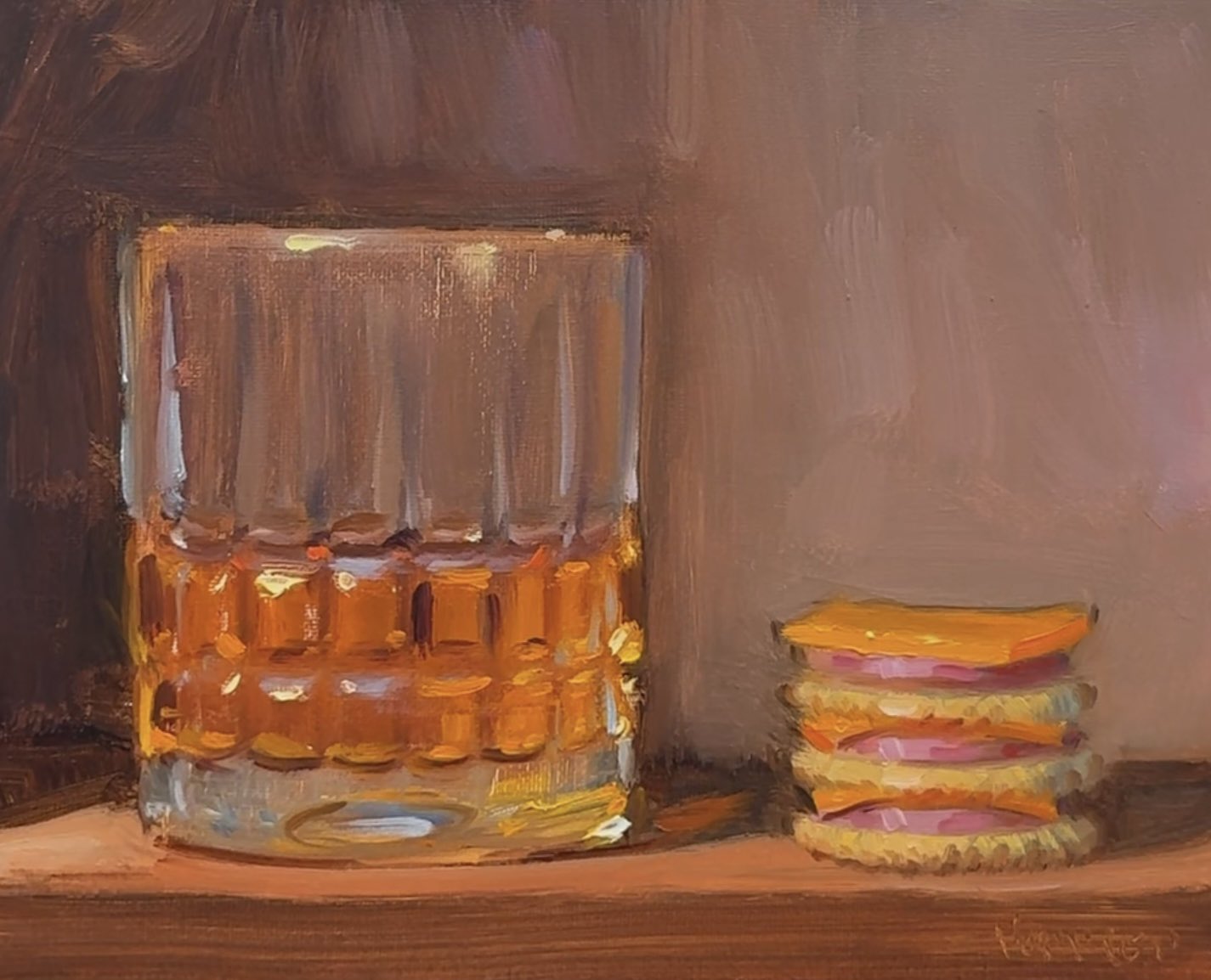 noah verrier, original, alcohol, artist name, cheese, cracker, cup, drinking glass, food, food focus, ham, no humans, still life