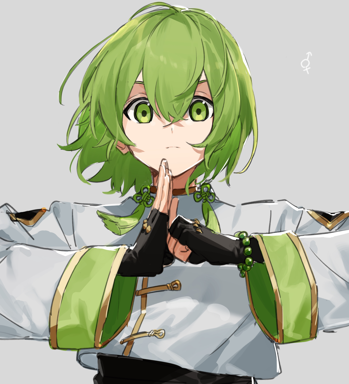 akagiasami, original, highres, 1other, bead bracelet, beads, black gloves, bracelet, closed mouth, crossed bangs, fingerless gloves, fist in hand, gloves, gold trim, green eyes, green hair, green trim, grey background, hair between eyes, hands up, jewelry, long sleeves, looking at viewer, male-female symbol, medium hair, other focus, simple background, solo, straight-on, studded gloves, upper body