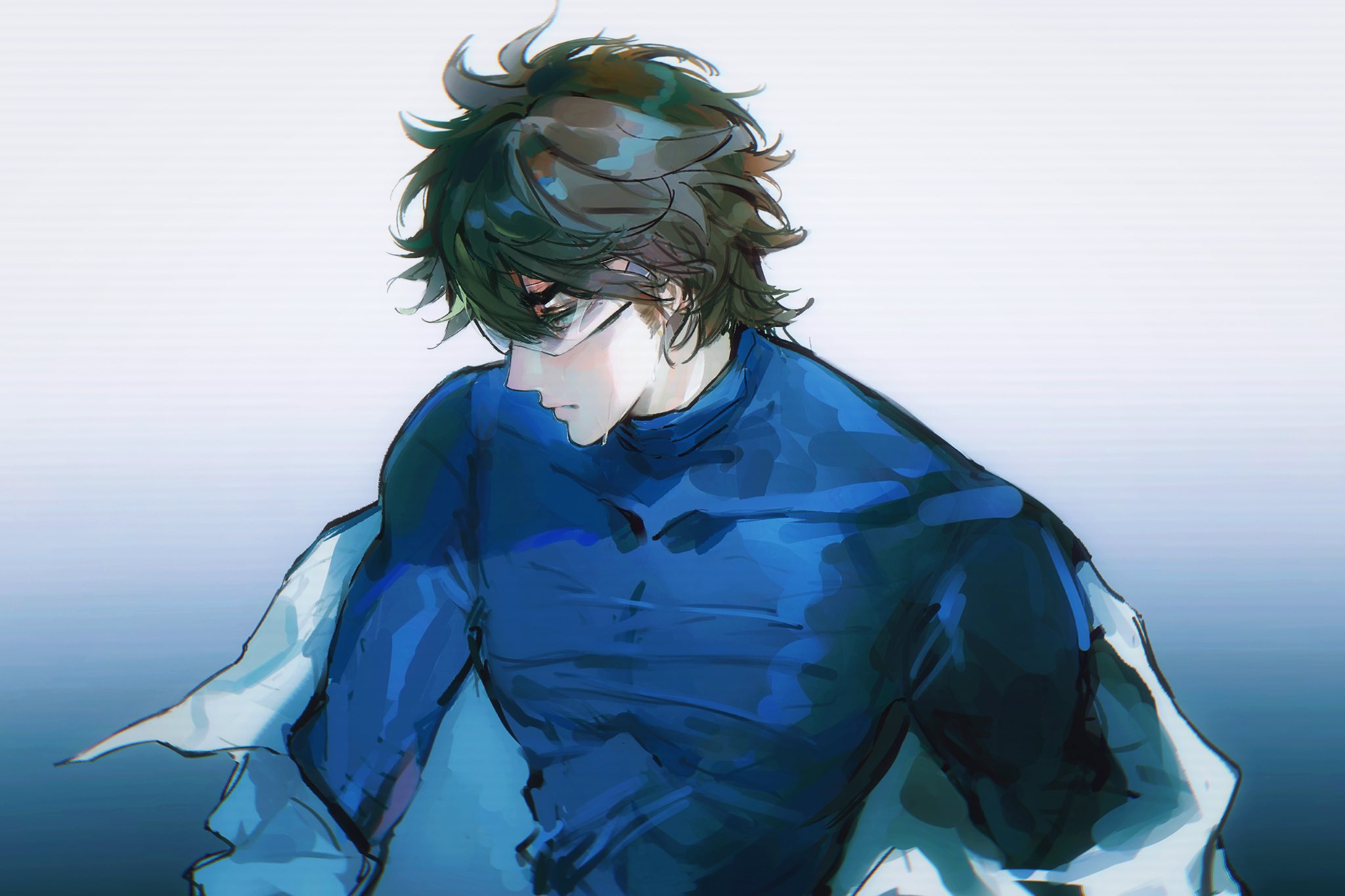 miyuki kazuya, ace of diamond, commentary request, highres, 1boy, black hair, blue shirt, closed mouth, compression shirt, covered pectorals, goggles, kljc93, long sleeves, male focus, pectorals, shirt, short hair, sweat, toned, toned male, upper body, yellow eyes