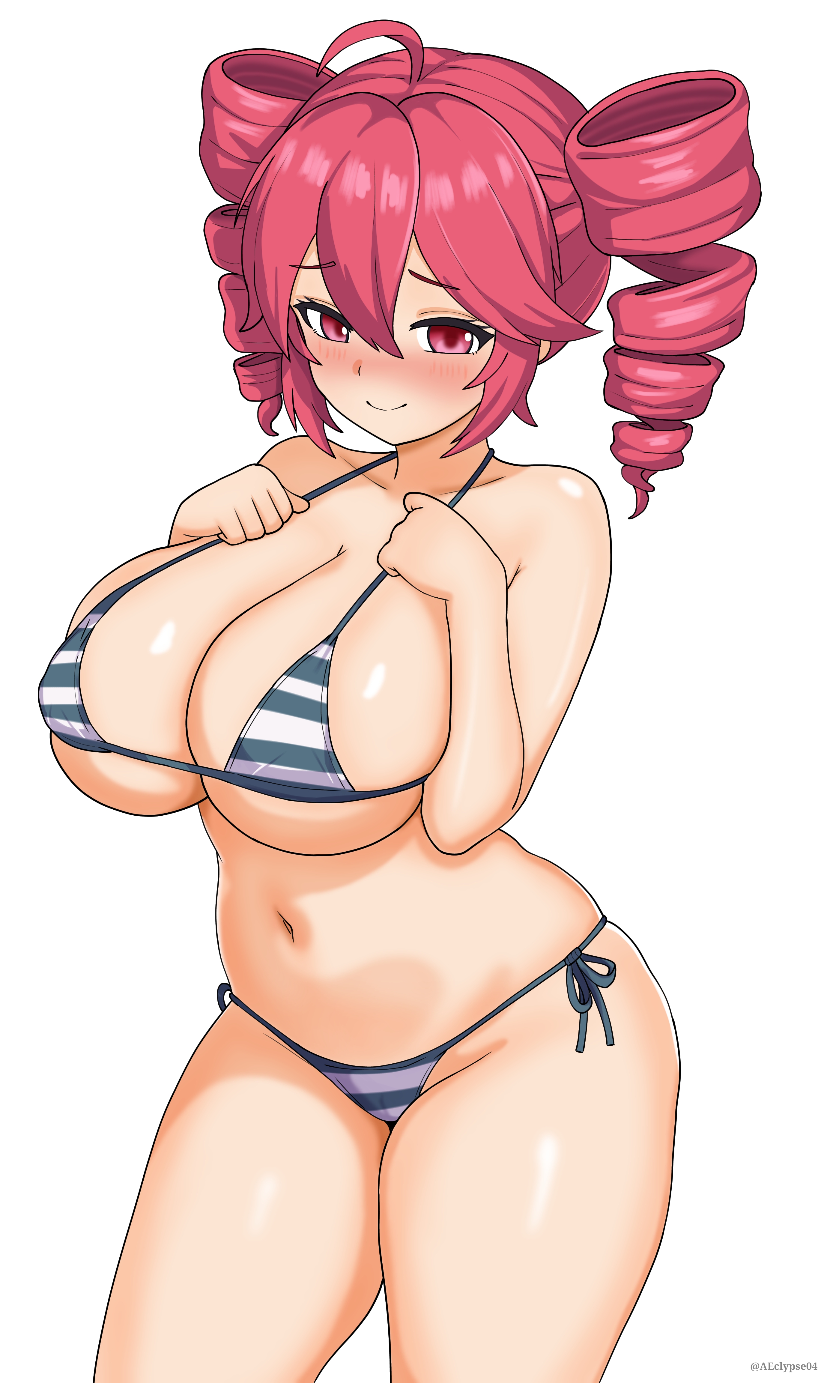 eclyart, kasane teto, utau, absurdres, commentary request, highres, 1girl, ahoge, bare arms, bikini, blush, breasts, cleavage, closed mouth, collarbone, drill hair, hair between eyes, large breasts, looking at viewer, navel, red eyes, red hair, side-tie bikini bottom, sidelocks, simple background, smile, solo, standing, striped bikini, striped clothes, swimsuit, thighs, twin drills, underboob, white background