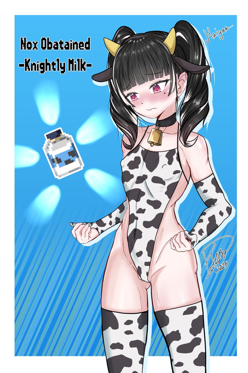 indie virtual youtuber, highres, 1girl, animal ears, animal print, bell, black hair, blue background, blush, bottle, cow ears, cow print, cow print gloves, cow print thighhighs, cowbell, drill hair, english text, flat chest, gloves, jem.designs, milk bottle, multicolored hair, nox orphee, one-piece swimsuit, print gloves, print thighhighs, swimsuit, thighhighs, twin drills, virtual youtuber, white hair