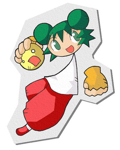 amazake (manuke no oukoku), enix, rakugaki showtime, treasure (developer), bad source, lowres, 1girl, anime coloring, baggy pants, ball, disembodied hand, double bun, fingerless gloves, full body, gloves, green eyes, green hair, hair bun, half updo, holding, holding ball, long shirt, looking to the side, open mouth, pants, paper texture, red pants, red shoes, sasami (rakugaki showtime), shirt, shoes, white background, white eyes, white shirt, yellow gloves