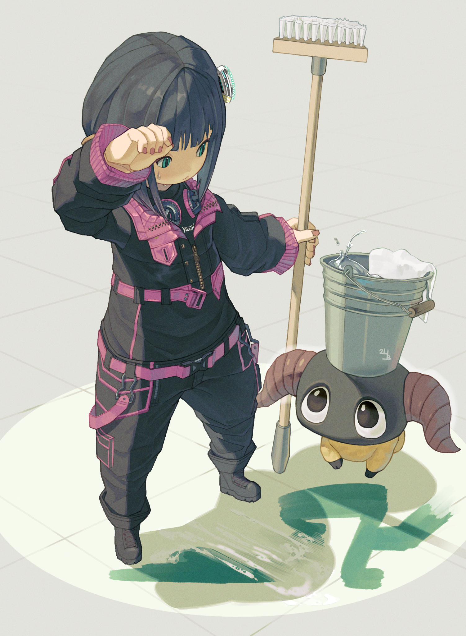 bimel isabella, sugar riot, yan (final fantasy), final fantasy, final fantasy xiv, highres, 1girl, black hair, blunt bangs, broom, bucket, cleaning brush, green eyes, headphones, headphones around neck, holding, holding broom, lalafell, short hair, solo, standing