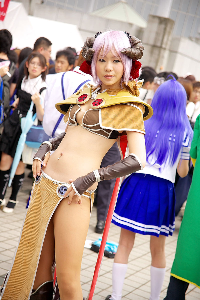 hanafusa maki, ragnarok online, silver hair, highres, photo (medium), armor, bikini, bikini top only, boots, cosplay, demon girl, horns, multiple boys, swimsuit