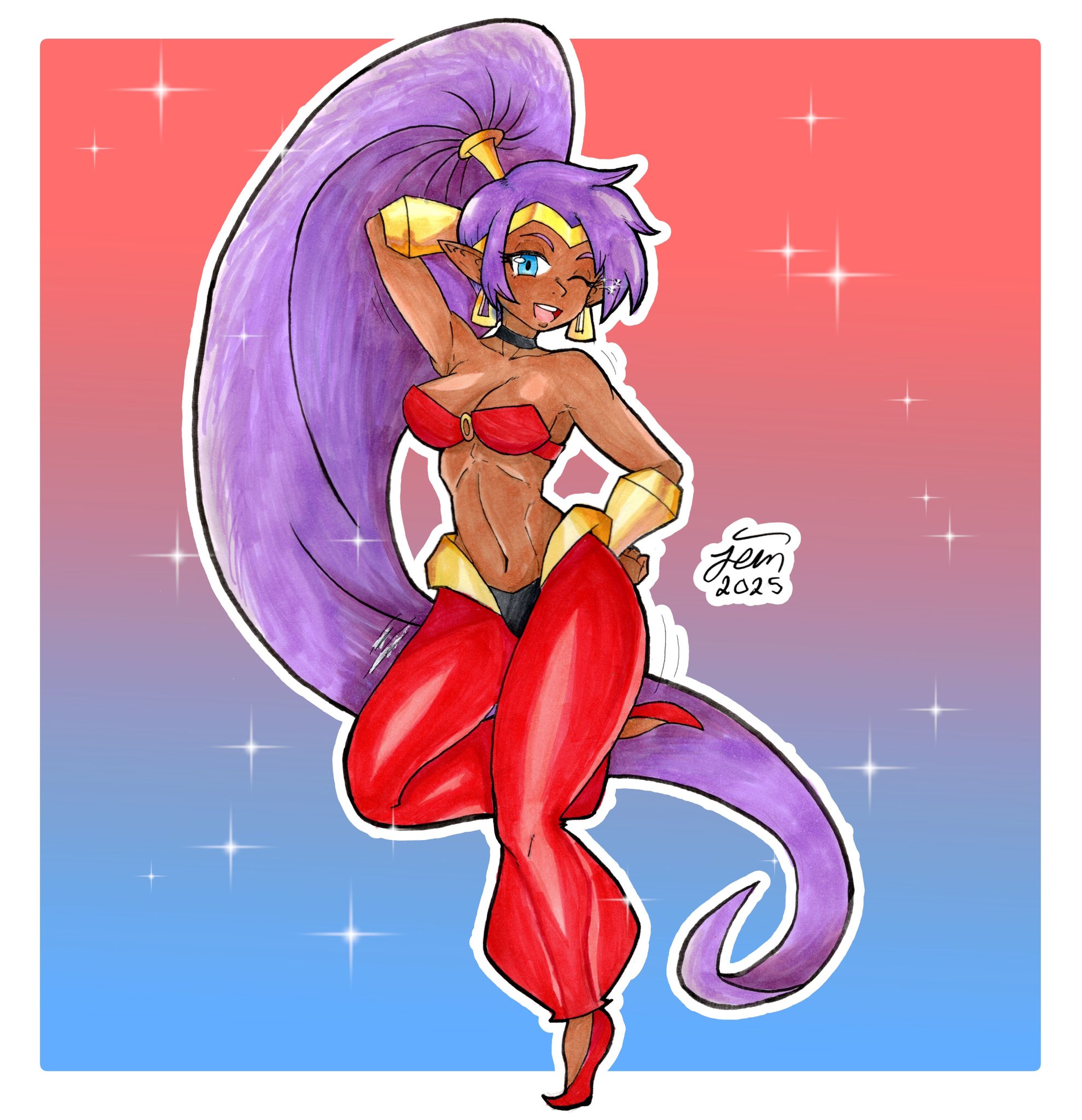 shantae, shantae (series), pointy footwear, commentary, english commentary, highres, 1girl, arabian clothes, belly dancing, big hair, blue background, blue eyes, bracer, choker, dancer, dark-skinned female, dark skin, earrings, genie, harem pants, hoop earrings, jem.designs, jewelry, long hair, navel, one eye closed, pants, pink background, pointy ears, ponytail, purple hair, smile, solo, tiara, very long hair