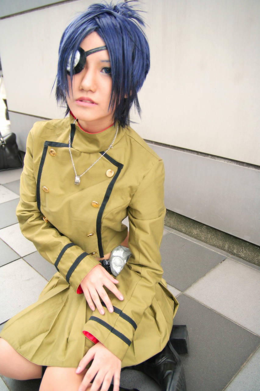 isumi (i-spixi), chrome dokuro, kateikyoushi hitman reborn, katekyo hitman reborn!, highres, photo (medium), 1girl, blue eyes, blue hair, boots, checkered floor, cosplay, eyepatch, female focus, floor, jewelry, matching hair/eyes, necklace, pleated skirt, sitting, skirt, solo