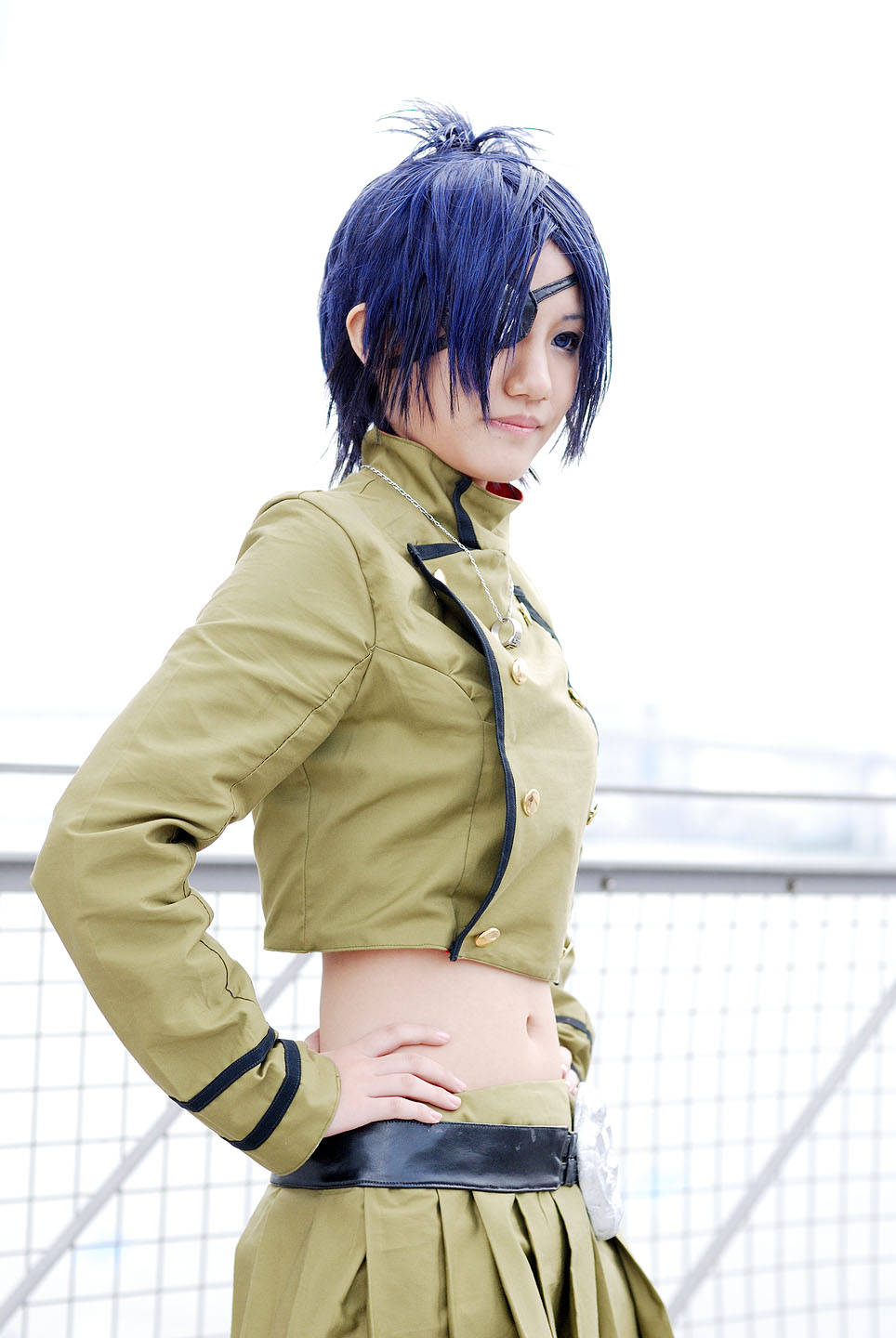 isumi (i-spixi), chrome dokuro, kateikyoushi hitman reborn, katekyo hitman reborn!, highres, photo (medium), 1girl, blue hair, cosplay, eyepatch, female focus, jewelry, midriff, necklace, outdoors, pleated skirt, skirt, solo