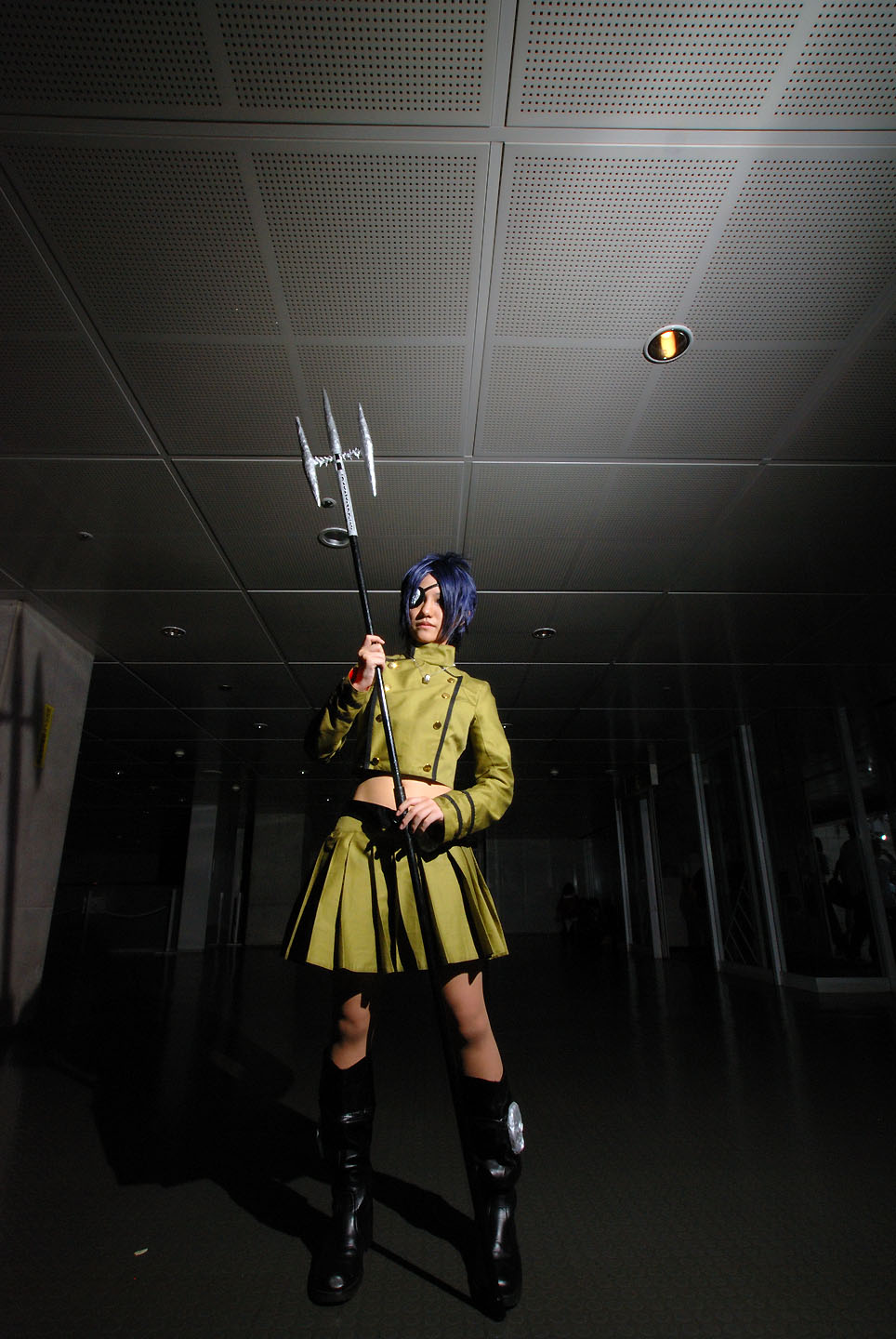 isumi (i-spixi), chrome dokuro, kateikyoushi hitman reborn, katekyo hitman reborn!, highres, photo (medium), 1girl, blue hair, boots, cosplay, eyepatch, female focus, full body, indoors, jewelry, necklace, pleated skirt, polearm, skirt, solo, spear, standing, trident, weapon