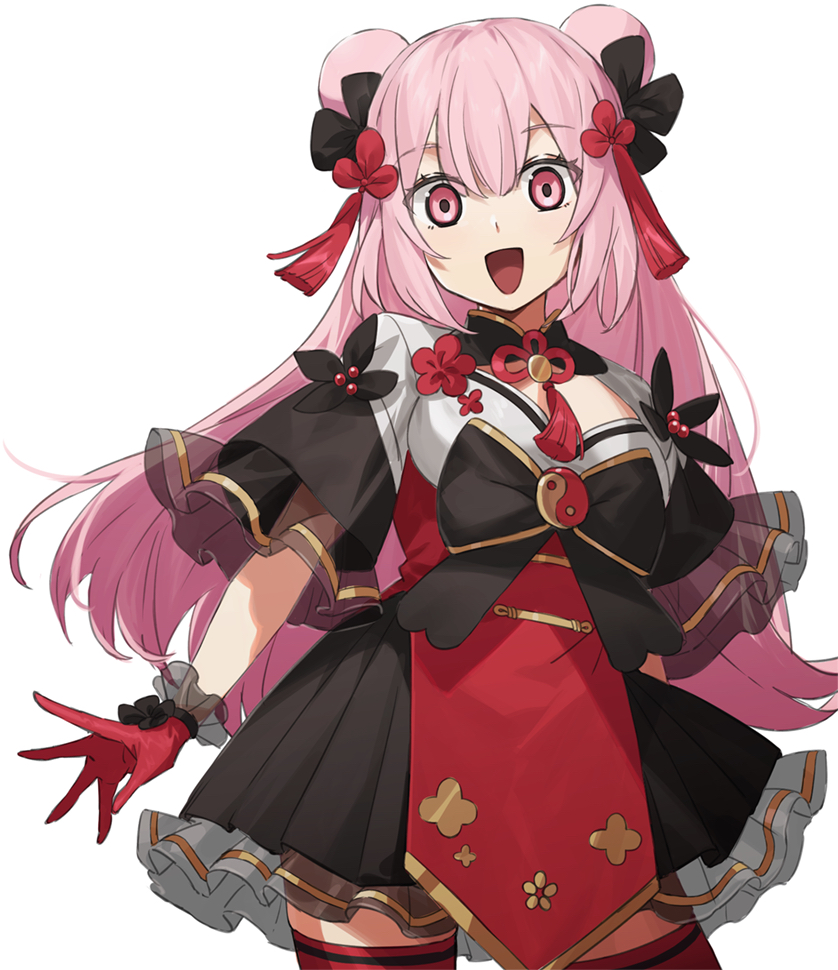 akagiasami, original, 1girl, :d, arms at sides, black collar, black skirt, breasts, chinese knot, collar, cowboy shot, double-parted bangs, double bun, dress, frilled sleeves, frills, gloves, gold trim, hair bun, hair ornament, happy, layered dress, legs apart, long hair, looking at viewer, open mouth, pink eyes, pink hair, pleated skirt, red dress, red gloves, red thighhighs, see-through skirt layer, see-through sleeve layer, sidelocks, skirt, small breasts, smile, solo, standing, tassel, tassel hair ornament, thighhighs, three-quarter sleeves, two side up, very long hair, yin yang