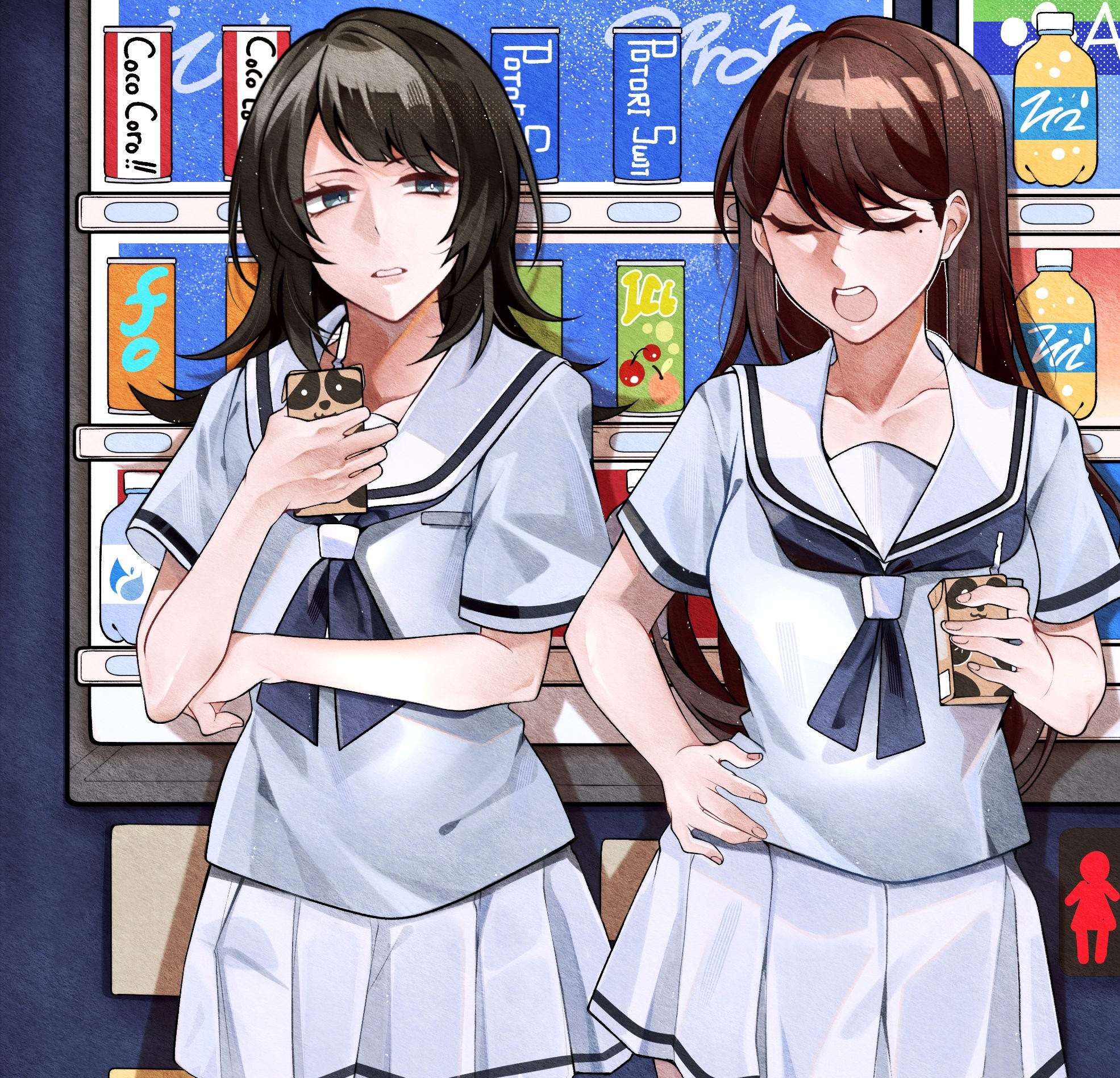 cheschorv, shiina taki, yahata umiri, bang dream!, bang dream! it's mygo!!!!!, commentary, highres, 2girls, black hair, blue eyes, blue neckerchief, breasts, brown hair, closed eyes, drinking straw, earrings, hand on own hip, holding carton, jewelry, long hair, medium breasts, mole, mole under eye, multiple girls, neckerchief, open mouth, pleated skirt, sailor collar, school uniform, serafuku, single earring, skirt, teeth, upper teeth only, vending machine, white sailor collar, white skirt