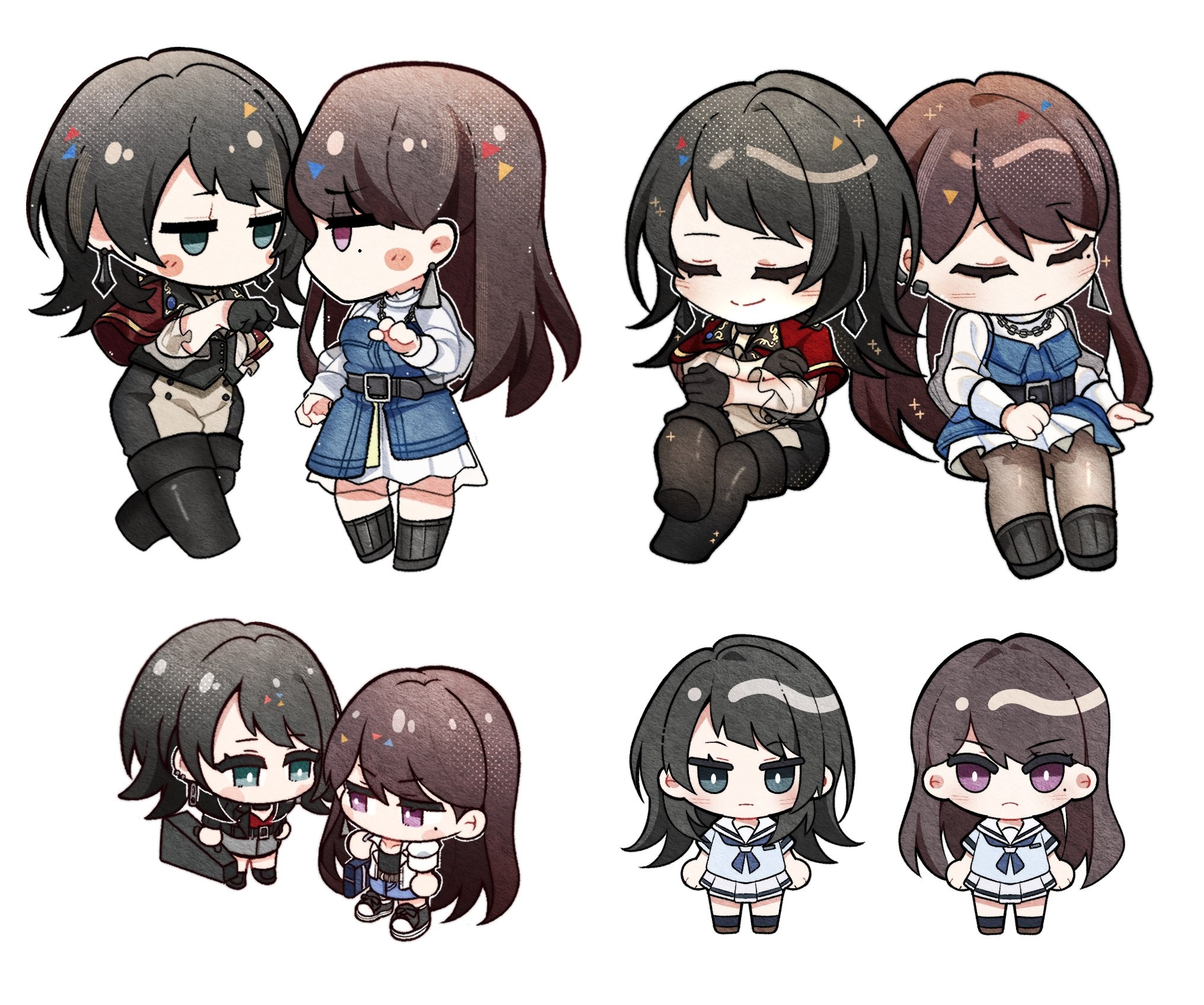 cheschorv, shiina taki, timoris (bang dream!), yahata umiri, bang dream!, bang dream! it's mygo!!!!!, commentary, highres, 2girls, black boots, black gloves, black hair, black jacket, black shirt, blue eyes, blue shirt, blush, boots, brown hair, capelet, chain, chain necklace, chibi, chibi only, closed eyes, closed mouth, crossed arms, crossed legs, ear piercing, earclip, earrings, gloves, grey pantyhose, grey skirt, hanasakigawa school uniform, hand up, jacket, jewelry, long hair, mole, mole under eye, multiple girls, multiple views, necklace, pantyhose, piercing, pleated skirt, purple eyes, red capelet, sailor collar, school uniform, serafuku, shirt, simple background, single earring, skirt, thigh boots, white background, white jacket, white sailor collar, white skirt
