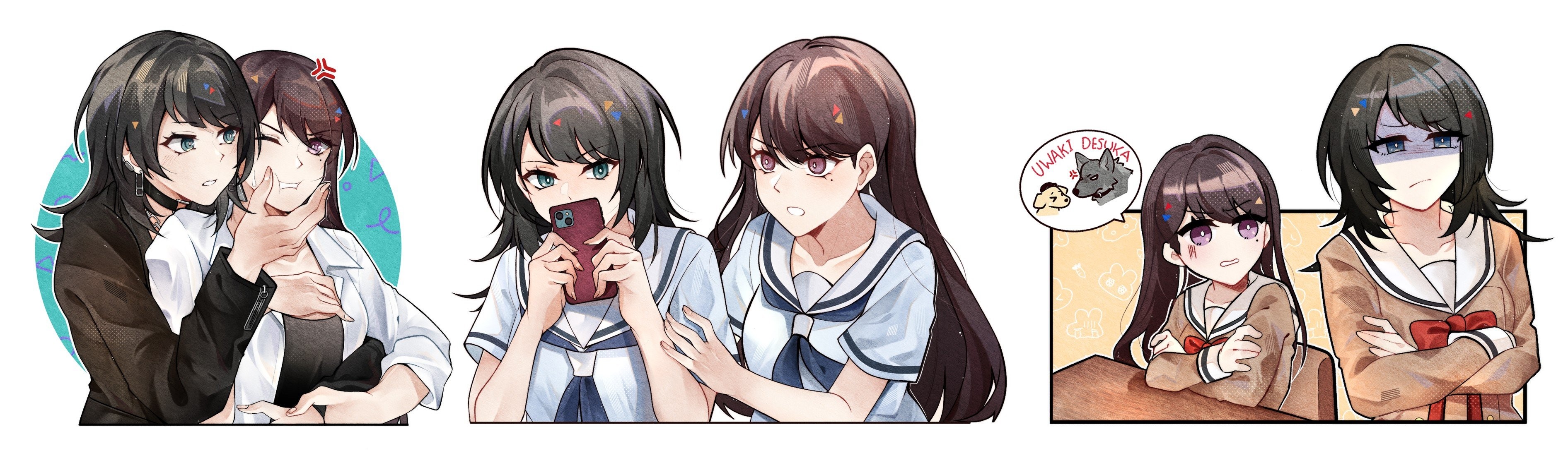 cheschorv, misumi uika, shiina taki, yahata umiri, bang dream!, bang dream! it's mygo!!!!!, absurdres, commentary, highres, 2girls, anger vein, black choker, black hair, black jacket, black shirt, blue eyes, blue shirt, bow, bowtie, brown dress, cellphone, cheek squash, choker, dress, earclip, hanasakigawa school uniform, hand on own chest, holding, holding phone, hug, hug from behind, jacket, long hair, medium hair, multiple girls, one-eyed, open mouth, phone, purple eyes, red bow, red bowtie, sailor dress, school uniform, serafuku, shirt, short sleeves, simple background, sitting, smartphone, sweatdrop, white background, white jacket, yuri