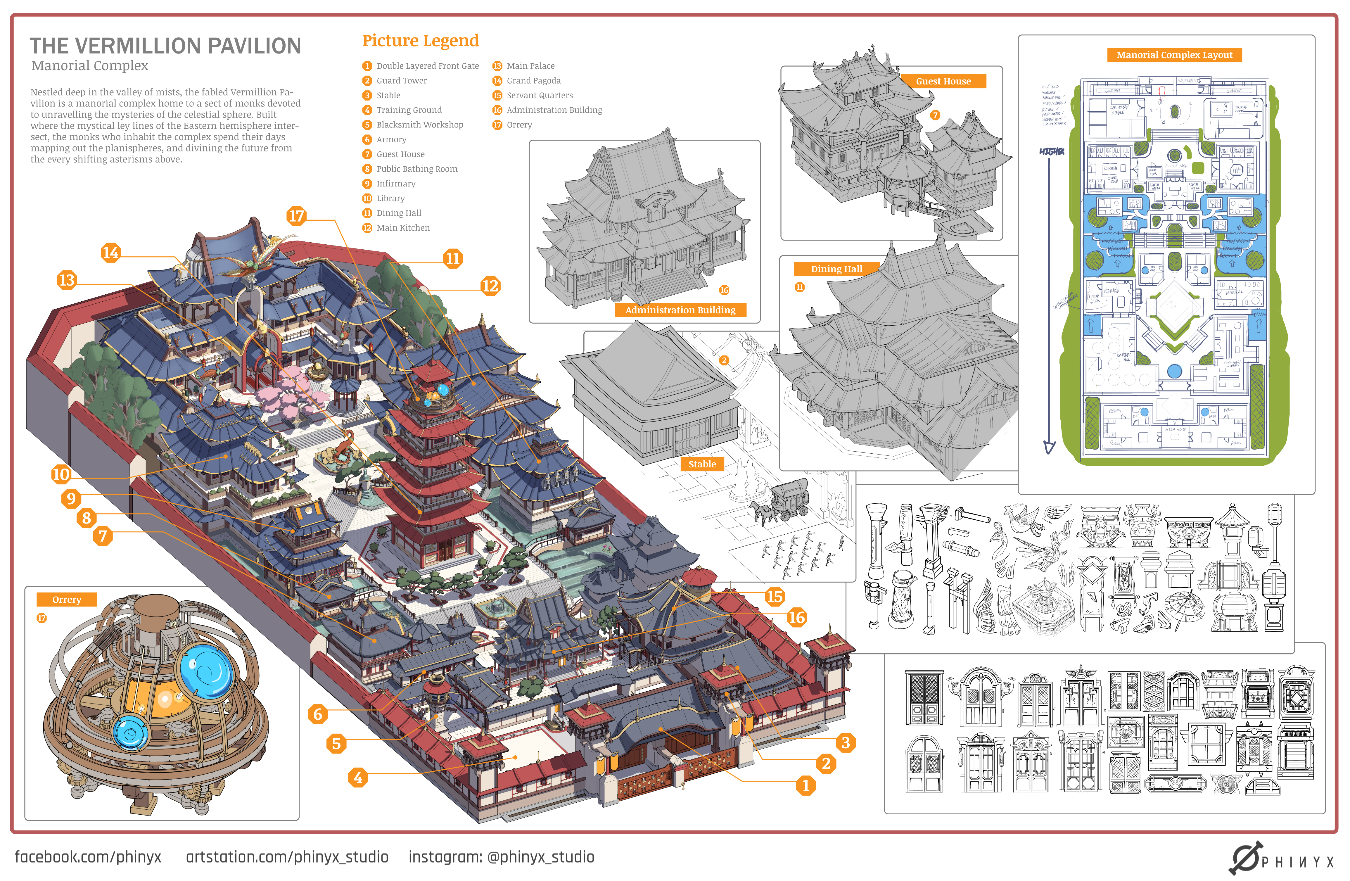 kevin koesnodihardjo, absurdres, commentary, commission, copyright request, english commentary, highres, mixed-language commentary, 6+others, architecture, armory, bench, building, castle, east asian architecture, english text, fountain, horse, horse-drawn, lily pad, multiple others, orrery, pagoda, parasol, statue, tree, umbrella, watermark, weapon rack, web address, wooden bench