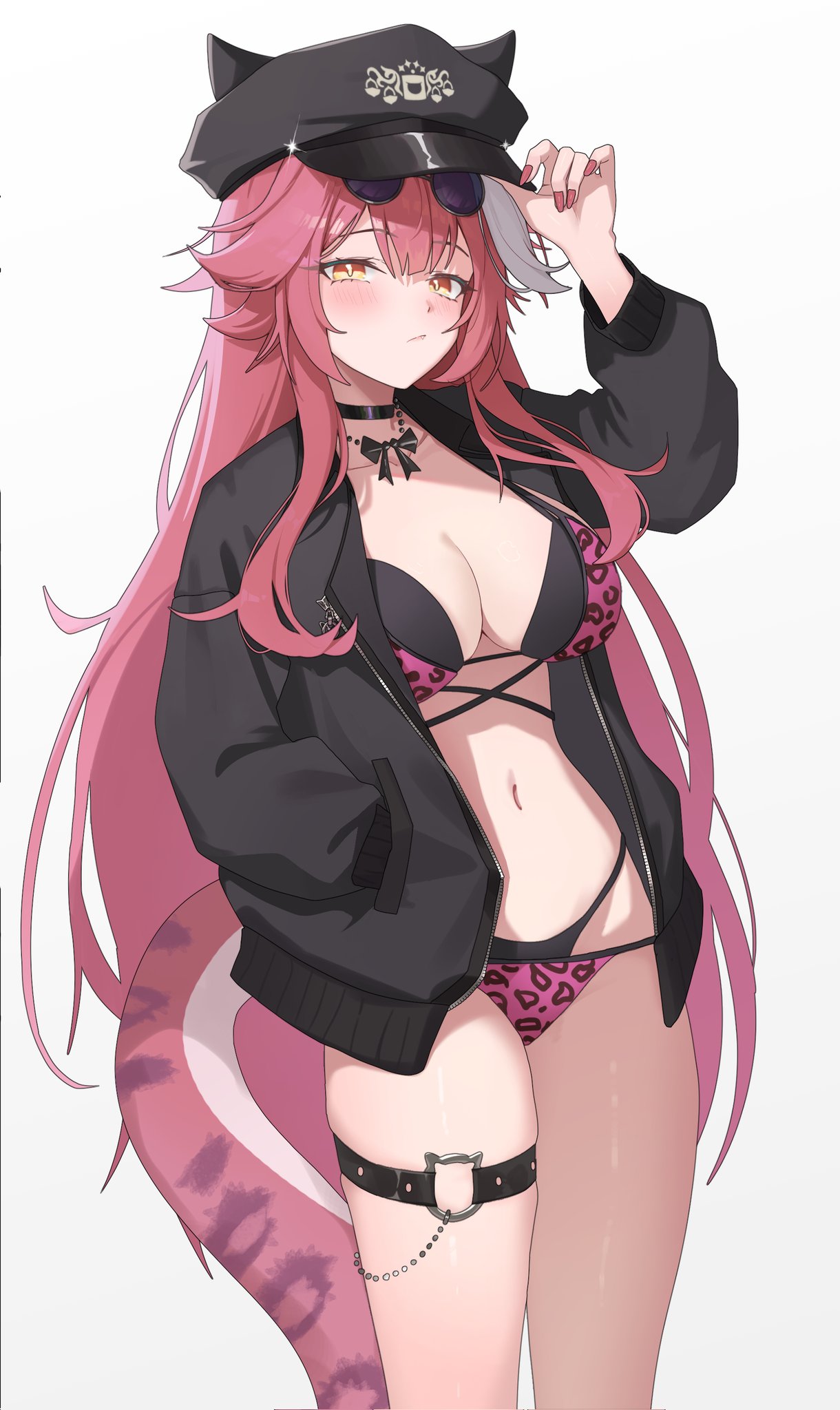 neptune illust, raora panthera, raora panthera (holonatsu paradise), hololive, hololive english, holonatsu paradise, highres, 1girl, animal ears, bikini, black bikini, black bow, black choker, black hat, black jacket, bow, breasts, choker, double bikini, hand in pocket, hat, jacket, large breasts, long hair, looking at viewer, navel, panther ears, panther girl, panther tail, peaked cap, pink bikini, pink nails, simple background, solo, swimsuit, tail, thigh strap, virtual youtuber, white background, yellow eyes