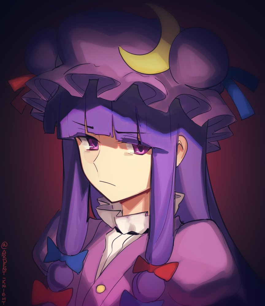 boa (brianoa), patchouli knowledge, touhou, 1girl, blue bow, blunt bangs, bow, crescent, crescent hat ornament, expressionless, hat ornament, looking at viewer, purple eyes, purple hair, red bow, solo