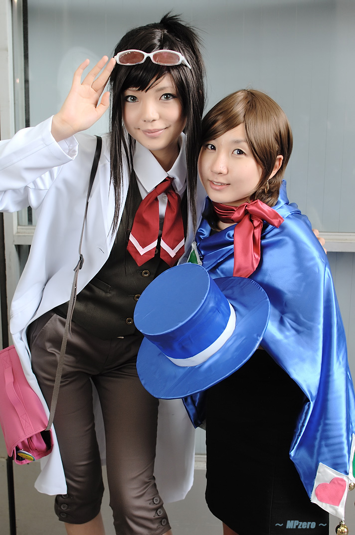 miasa, namada, ema skye, trucy wright, ace attorney, apollo justice ace attorney, capcom, photo (medium), 2girls, asian, black hair, blue eyes, brown eyes, brown hair, cape, capri pants, color contacts, cosplay, ema skye (cosplay), eyewear on head, glasses, hat, indoors, lab coat, long hair, looking at viewer, multiple girls, pants, scarf, top hat, trucy wright (cosplay), vest