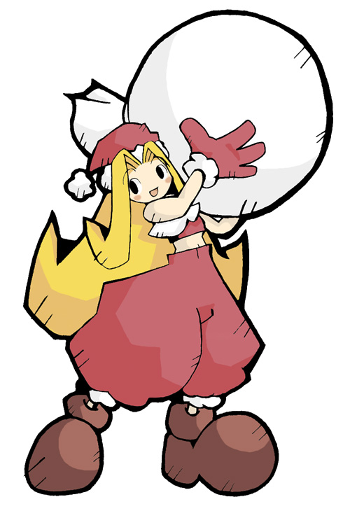 amazake (manuke no oukoku), rouge (astra super stars), astra super stars, sunsoft, bad source, 1girl, :d, anime coloring, arched back, baggy pants, bare arms, bare shoulders, black eyes, blonde hair, blush stickers, bow, bowtie, brown shoes, curtained hair, fewer digits, flipped hair, full body, fur-trimmed gloves, fur-trimmed headwear, fur-trimmed pants, fur-trimmed tube top, fur trim, gloves, hair intakes, hat, holding, holding sack, legs apart, long hair, midriff, navel, no nose, open mouth, pants, pom pom (clothes), red bow, red bowtie, red gloves, red tube top, sack, santa costume, santa hat, shadow, shoes, simple background, smile, solo, spiked hair, standing, strapless, thick lineart, transparent background, tube top, very long hair, waving, white background, white bag