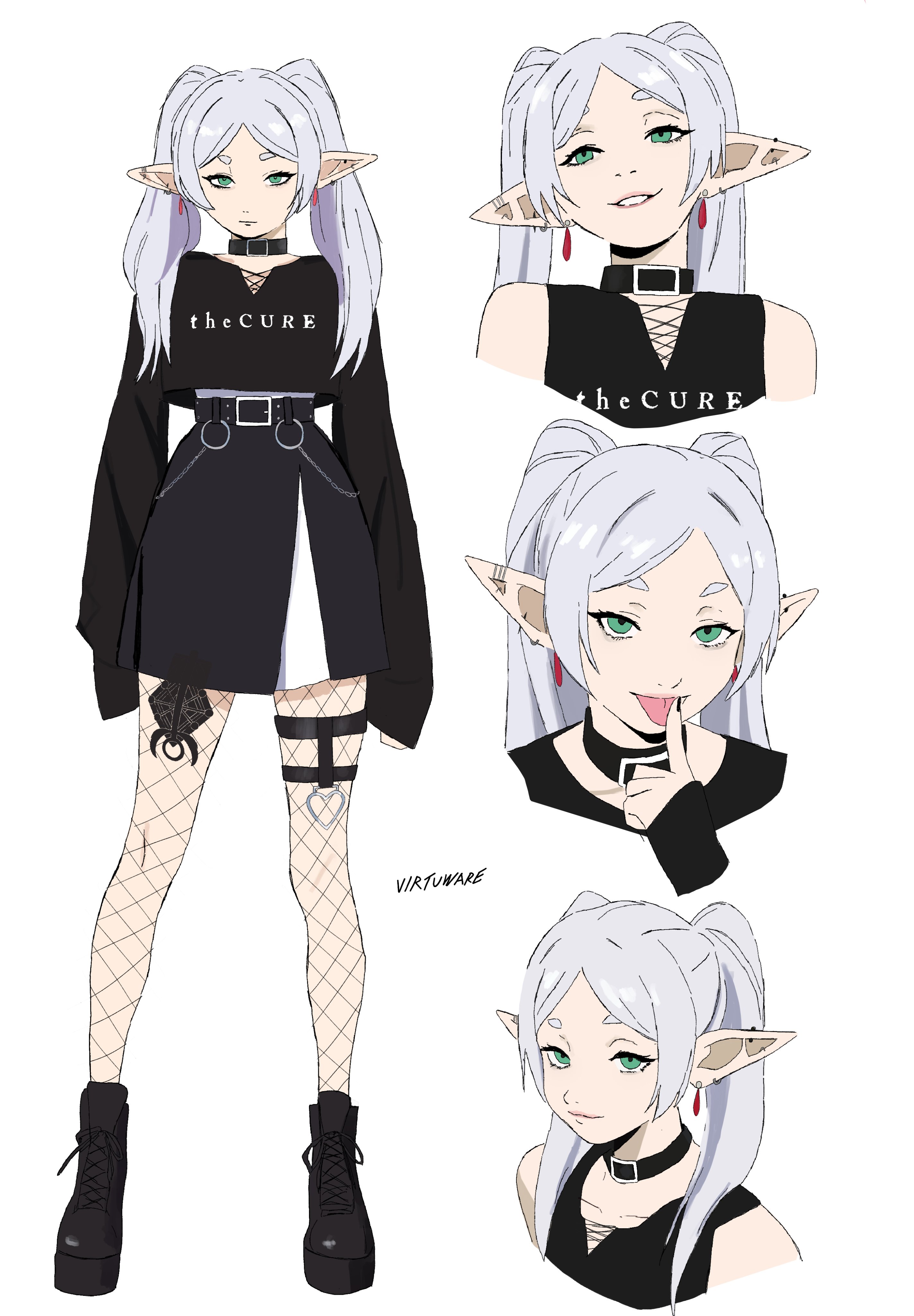 virtuware, frieren, sousou no frieren, absurdres, highres, 1girl, band shirt, black boots, black choker, black nails, black shirt, black skirt, boots, choker, contemporary, earrings, elf, fishnet pantyhose, fishnets, green eyes, grey hair, jewelry, long hair, looking at viewer, merchandise, multiple views, pantyhose, pointy ears, shirt, simple background, skirt, solo, the cure (band), twintails, white background