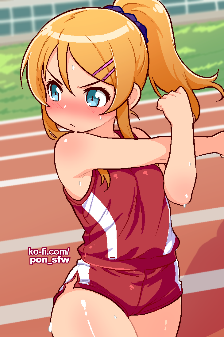 pongldr, kousaka kirino, ore no imouto ga konna ni kawaii wake ga nai, 1girl, blonde hair, blue eyes, blush, breasts, buruma, gym shirt, gym shorts, gym uniform, hair between eyes, hair ornament, hairclip, long hair, ponytail, red buruma, shirt, short shorts, shorts, sidelocks, small breasts, stretching, sweat, tank top