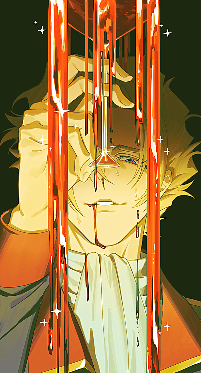 kamonekm, ginias saharin, gundam, gundam 08th ms team, highres, 1boy, ambiguous red liquid, arm up, ascot, black jacket, blonde hair, blue eyes, cup, drinking glass, dripping, grin, holding, holding cup, jacket, looking at viewer, male focus, red pupils, short hair, smile, solo, sparkle, sweat, upper body, white ascot, wine glass