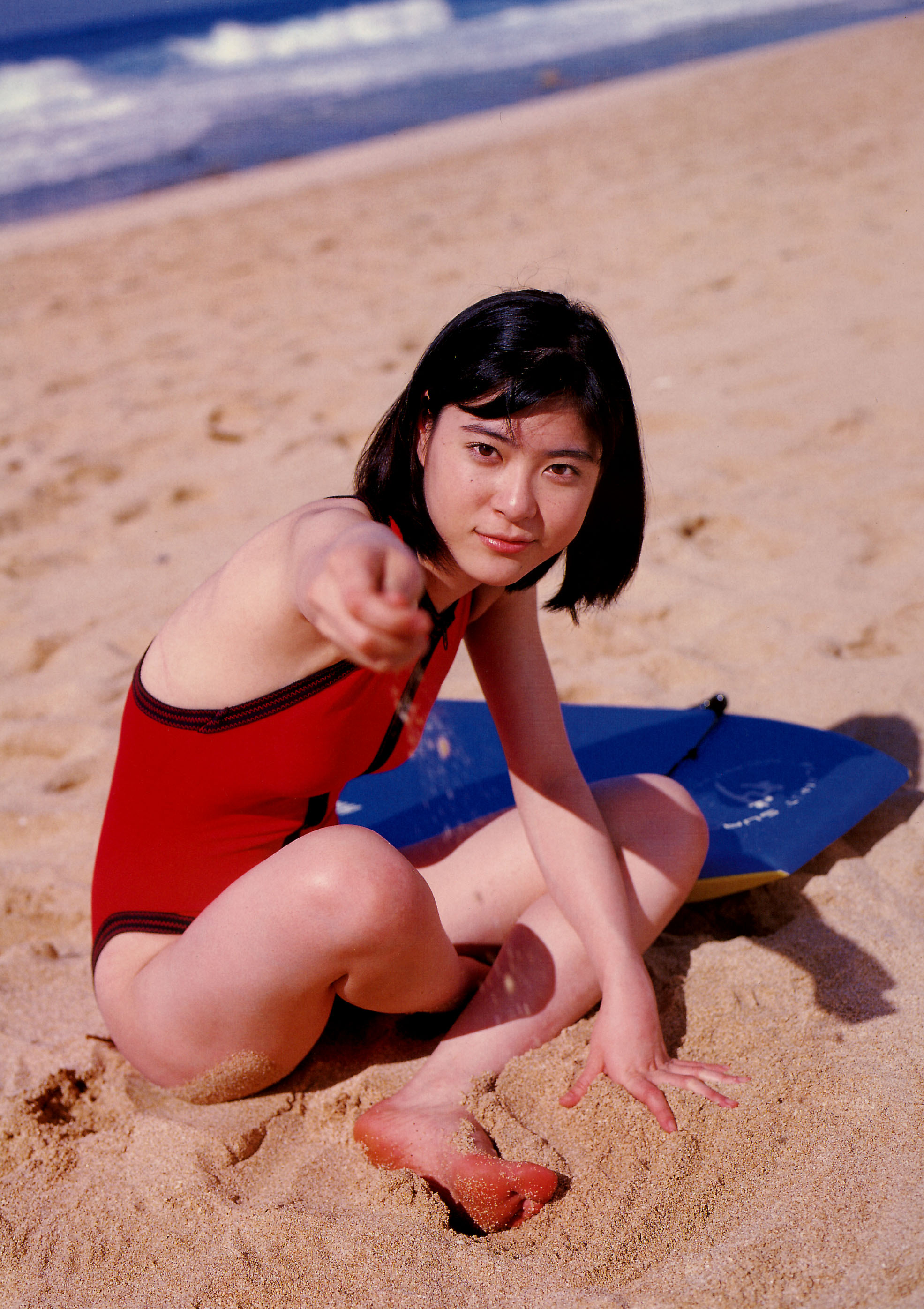 ueno juri, juri first, absurdres, highres, photo (medium), bodyboard, one-piece swimsuit, swimsuit