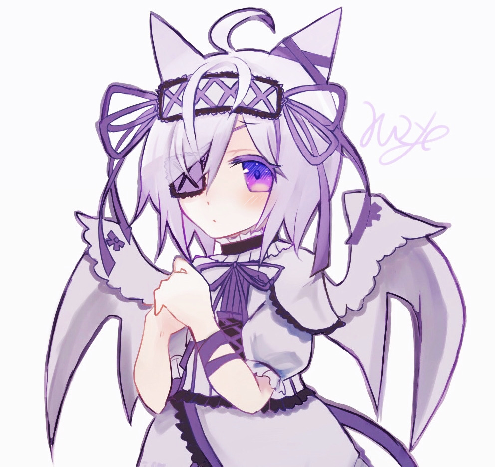 ruzyeria, emil chronicle online, 1girl, ahoge, animal ears, artist name, bat wings, black collar, capelet, collar, eyepatch, frilled capelet, frilled collar, frilled hairband, frills, hair ribbon, hairband, purple eyes, purple ribbon, ribbon, shirt, signature, skirt, solo, tail, white background, white capelet, white familiar alma, white hair, white hairband, white shirt, white skirt, white wings, wing ornament, wings