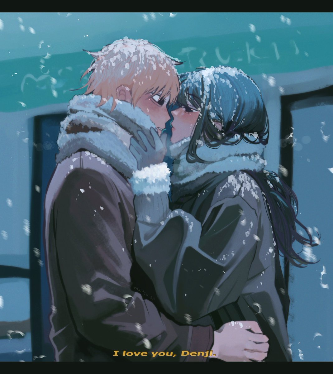 ms. tsu, denji (chainsaw man), mitaka asa, chainsaw man, commentary, english commentary, highres, 1boy, 1girl, black eyes, black hair, black jacket, blonde hair, english text, eye contact, grey scarf, hetero, jacket, long hair, looking at another, scarf, short hair, snow, snowing, subtitled